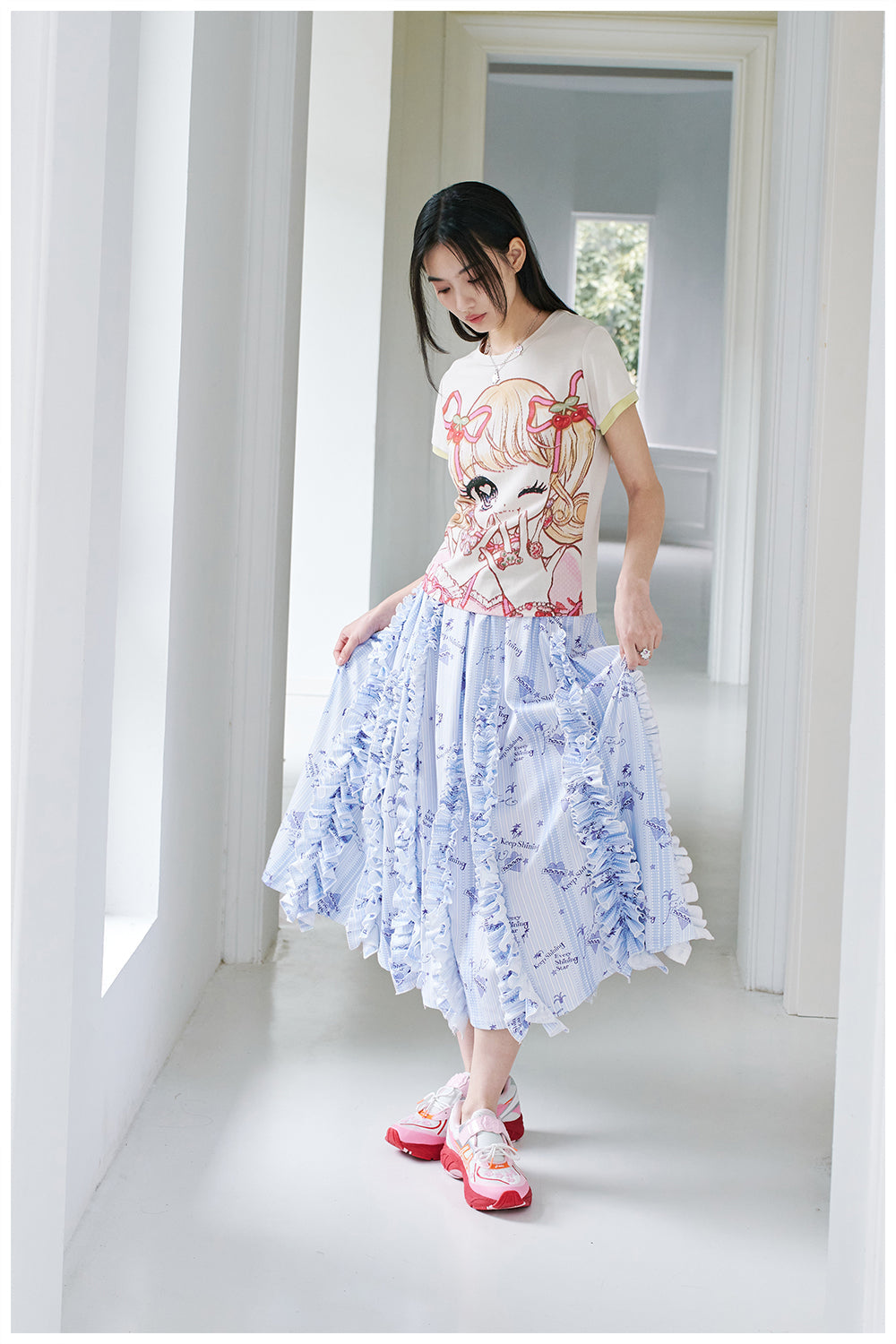 Blue Pattern Ruffle Midi Skirt