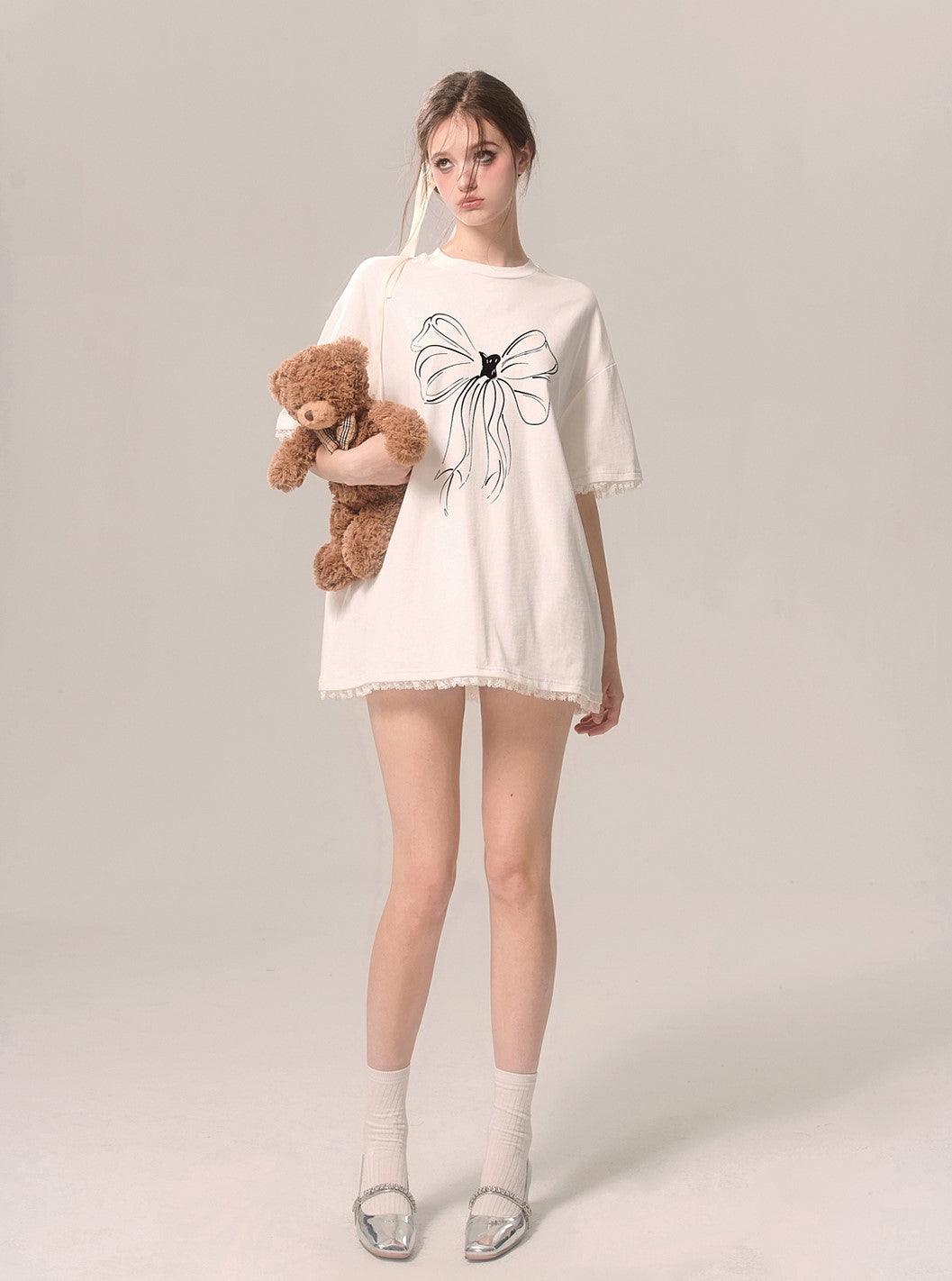 White Loose Short-sleeved T-shirt with Bow Lace Trim - chiclara