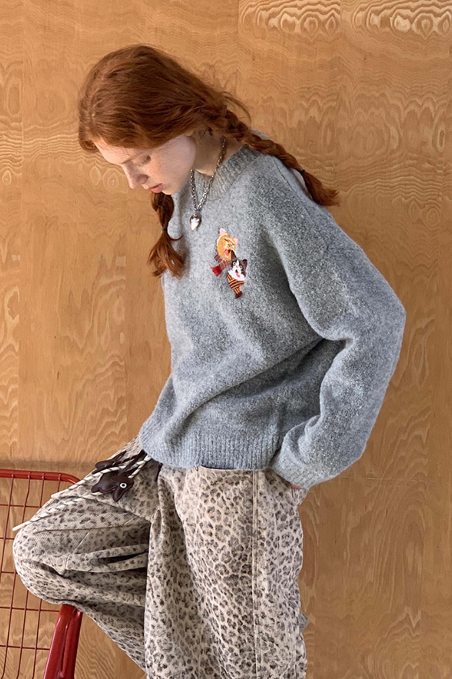 자수 고양이 니트 스웨터