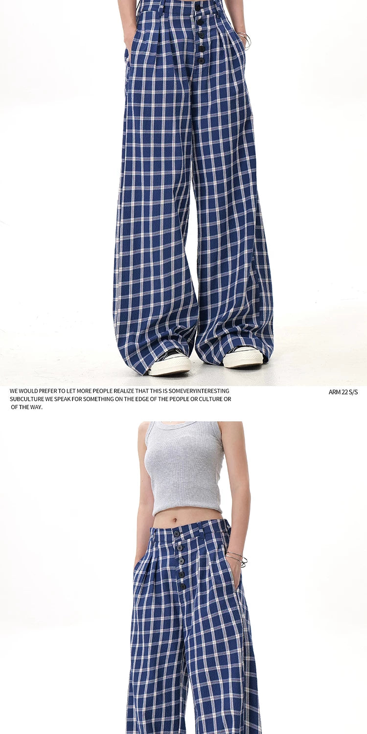 Plaid button wide-leg pants blue plaid front detail