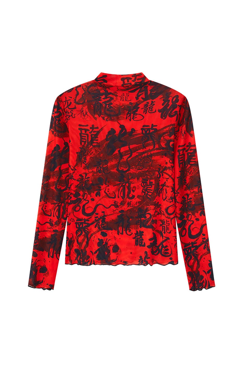 Rotes Rollkragenoberteil aus Netzstoff mit chinesischem Kalligraphie-Print