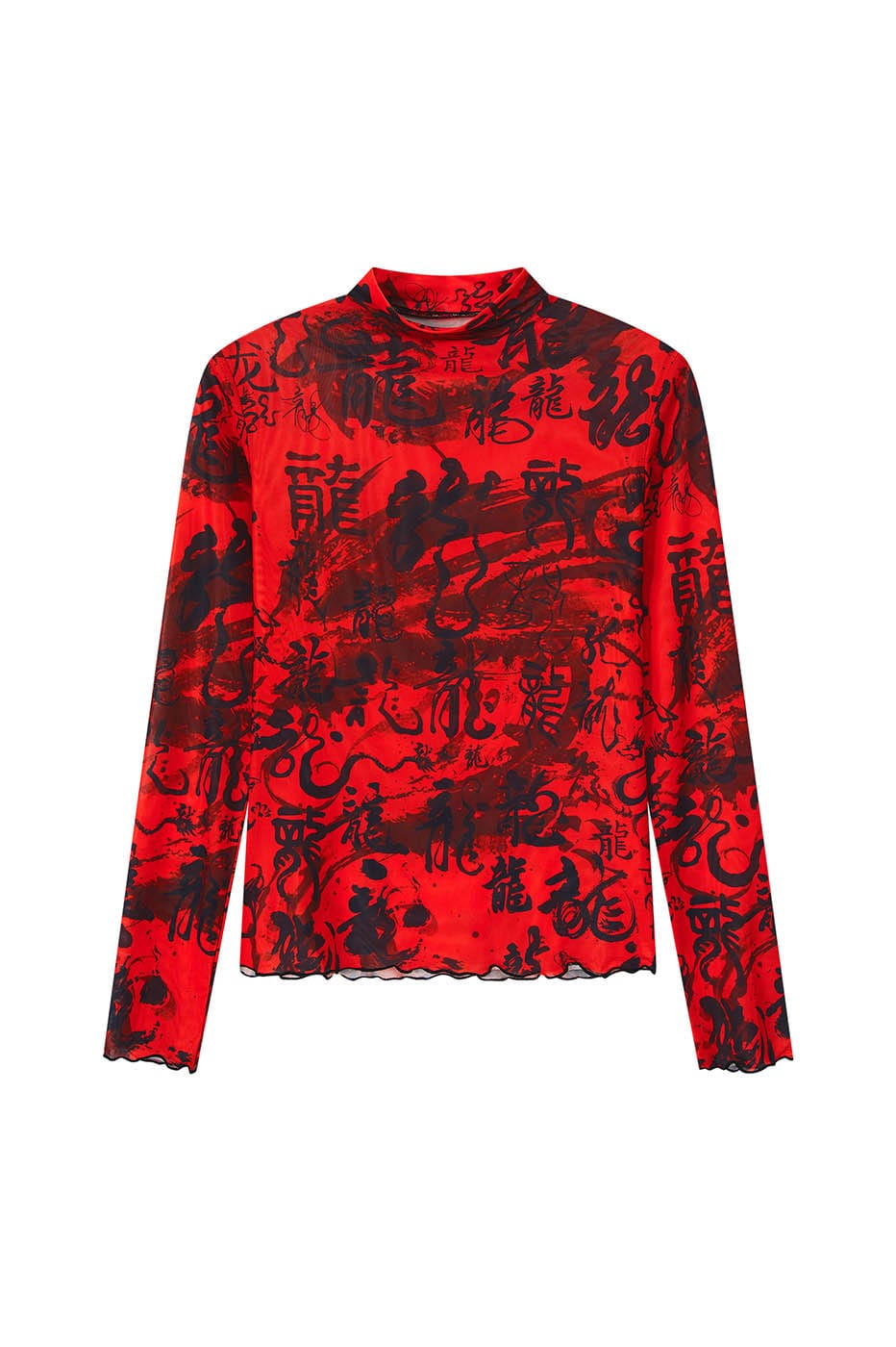 Rotes Rollkragenoberteil aus Netzstoff mit chinesischem Kalligraphie-Print