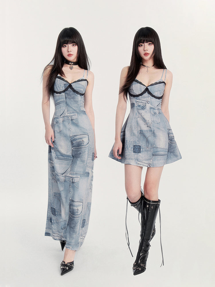 레이스 트림 데님 버스티에 드레스