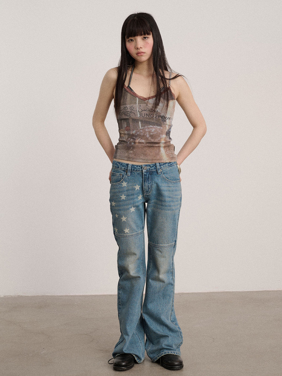 Star Panel Low-Waist Flare Jeans
