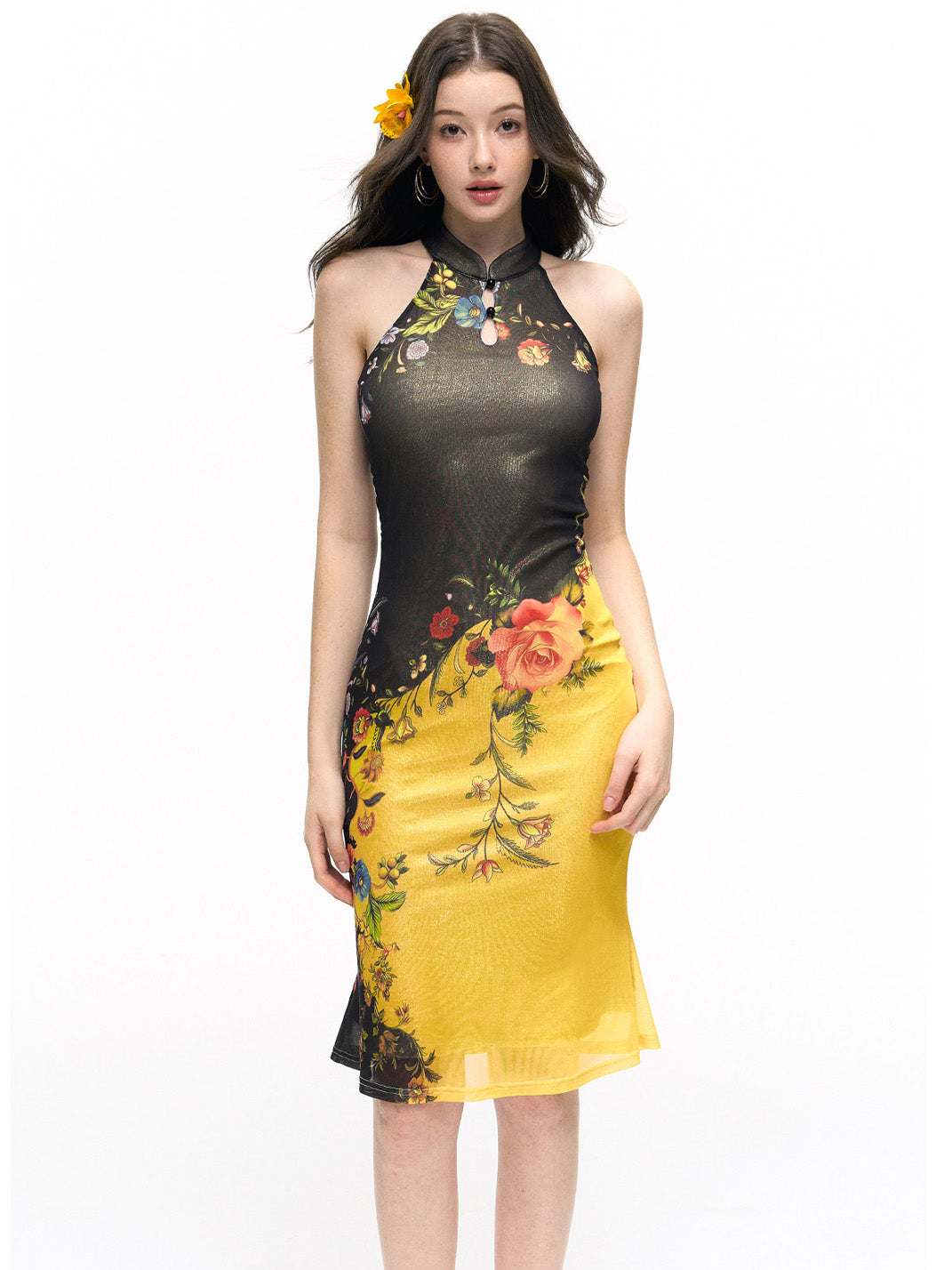 Gold Foil Halter Slim-Fit Dress