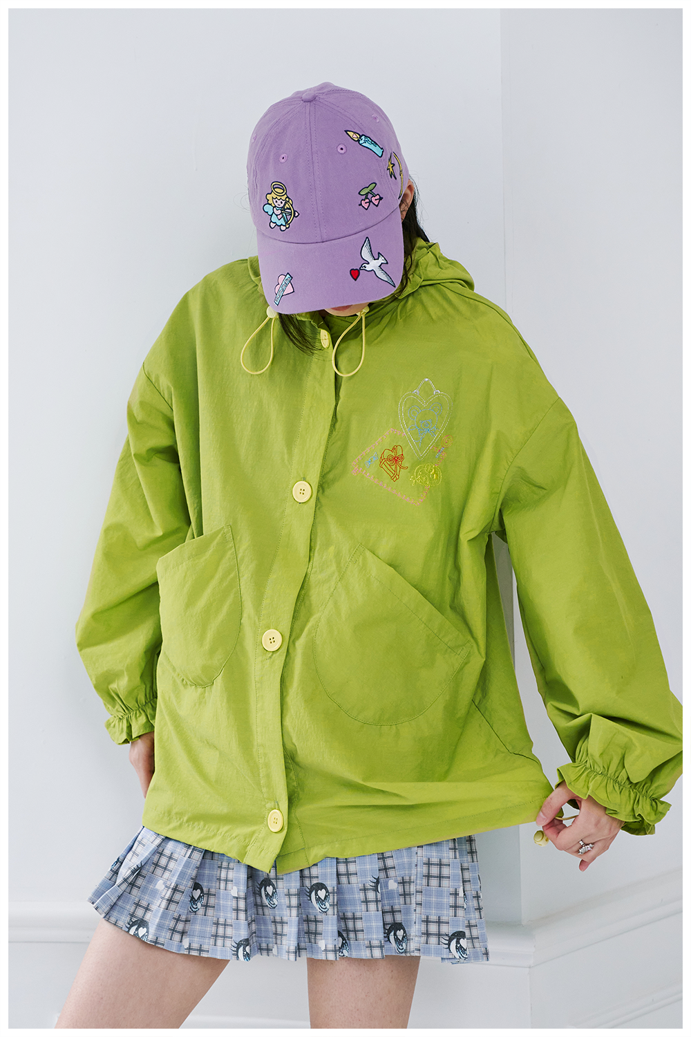 Green Hooded Button-Up Windbreaker Jacket
