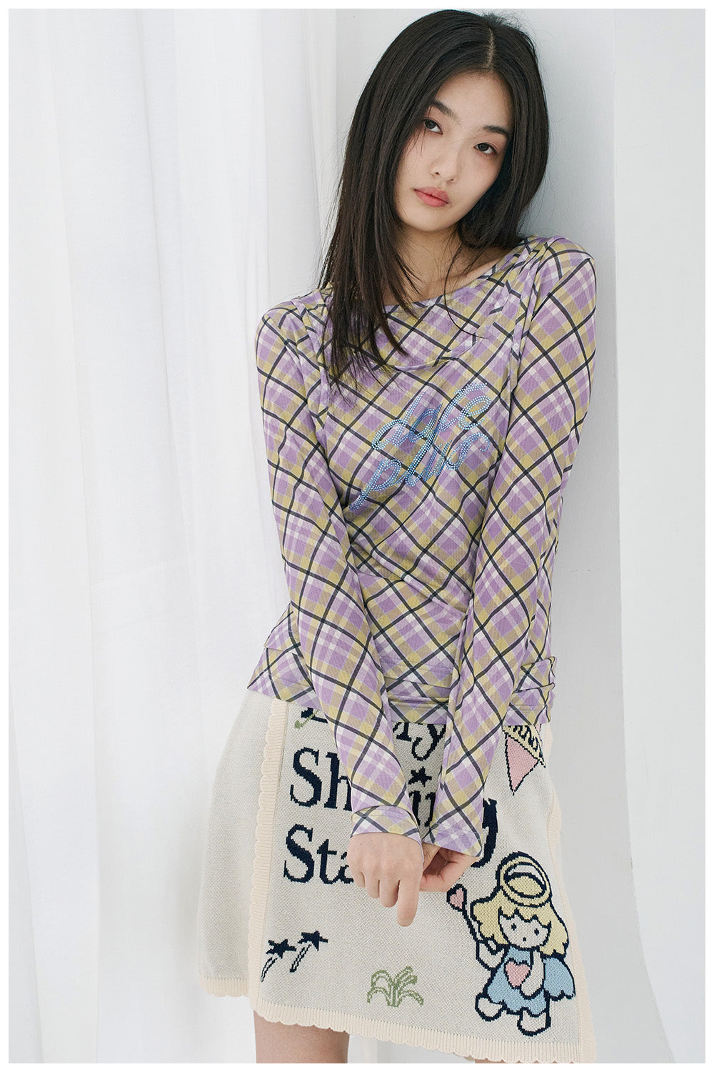 Angel Print Knit Mini Skater Skirt