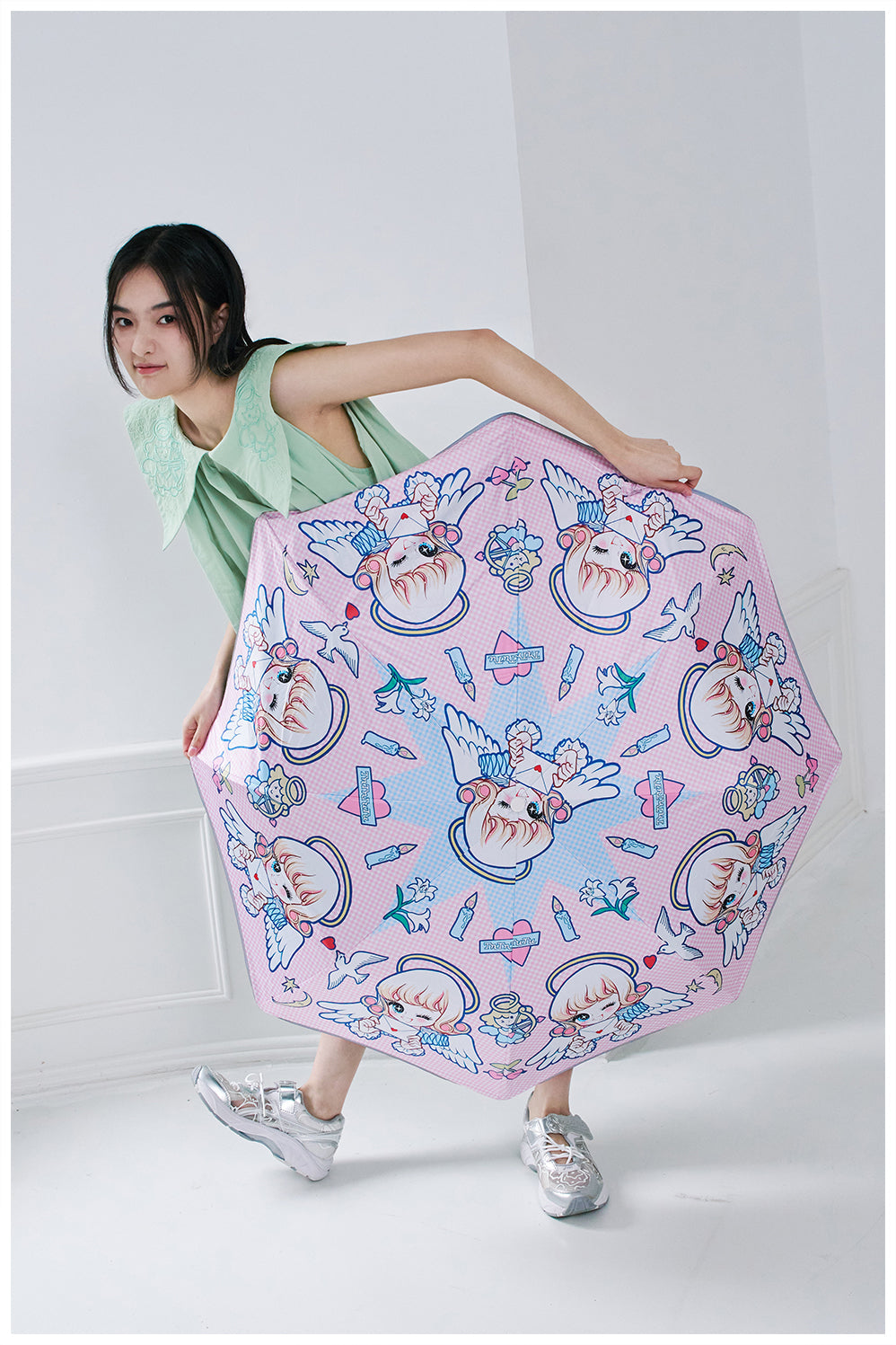Pink Angel Print Octagon Umbrella