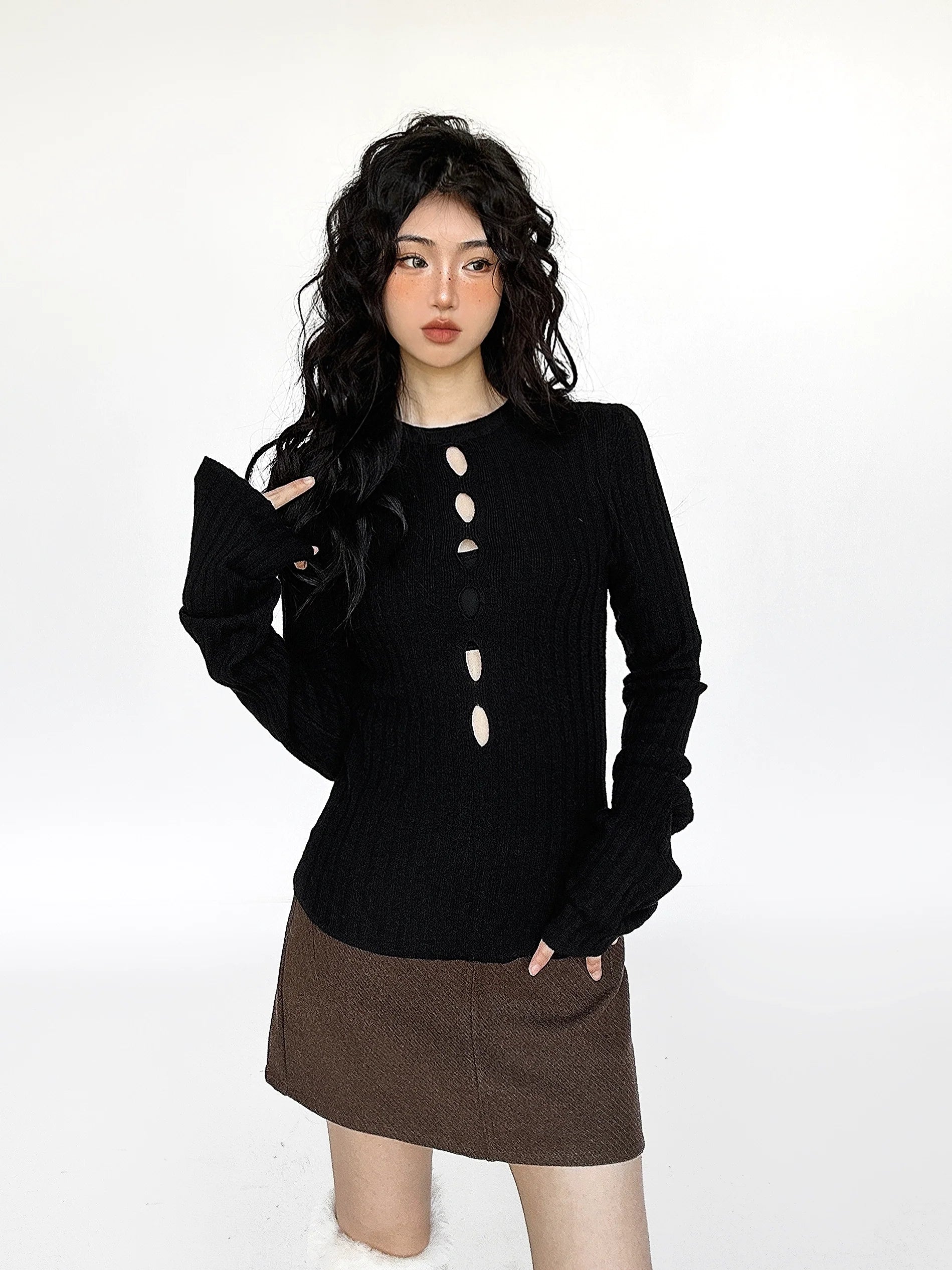 Cutout Ribbed Bell Sleeve Top