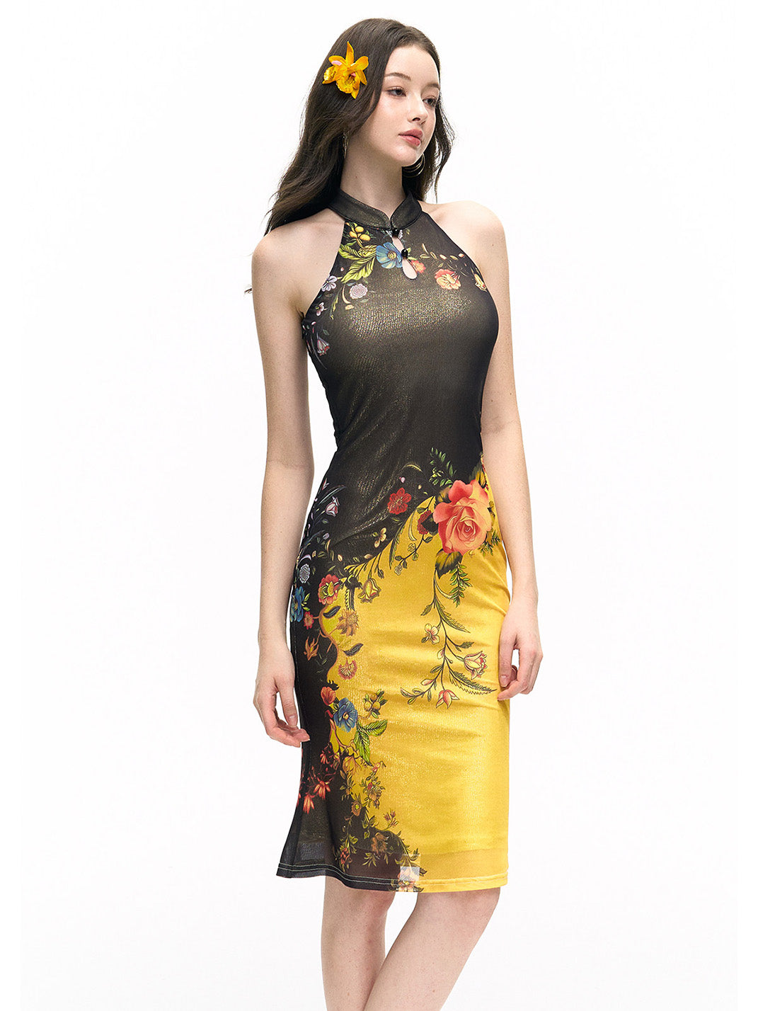 Gold Foil Halter Slim-Fit Dress