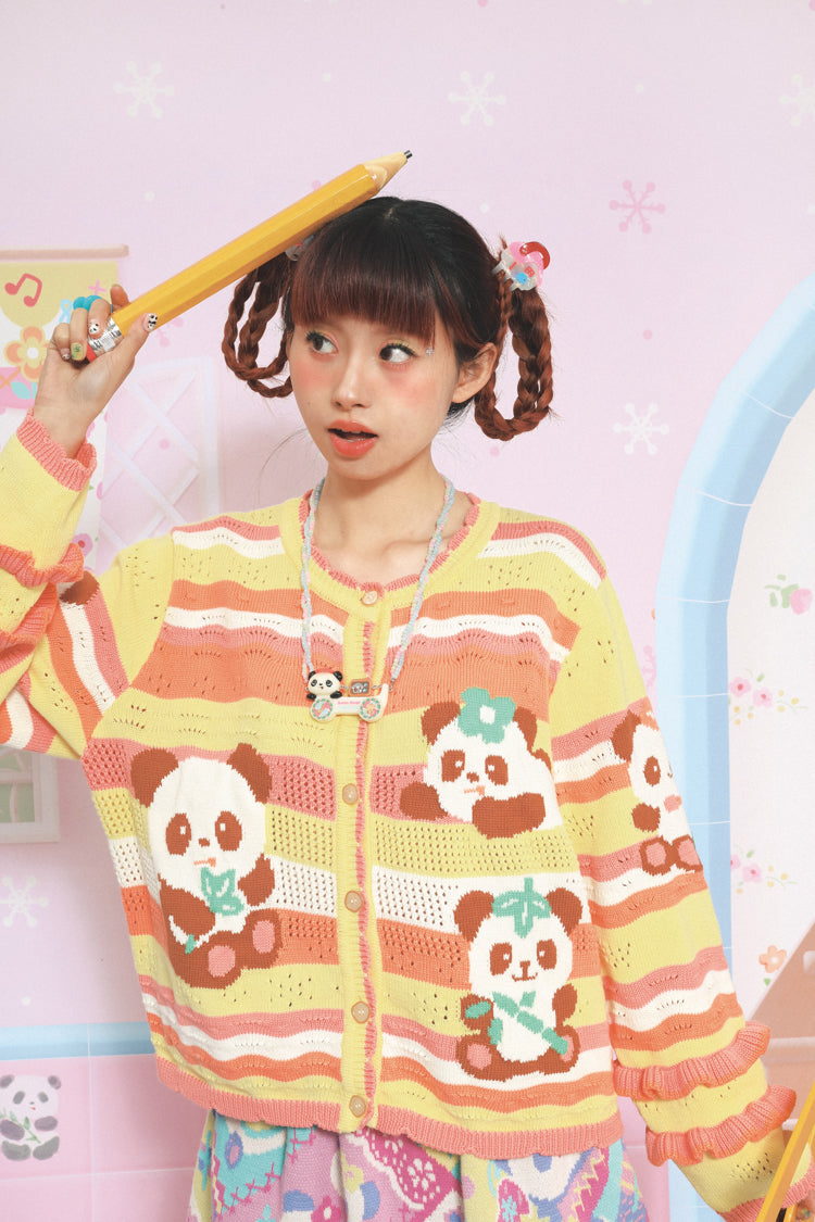 Kawaii Panda Stripe Knit Button Cardigan