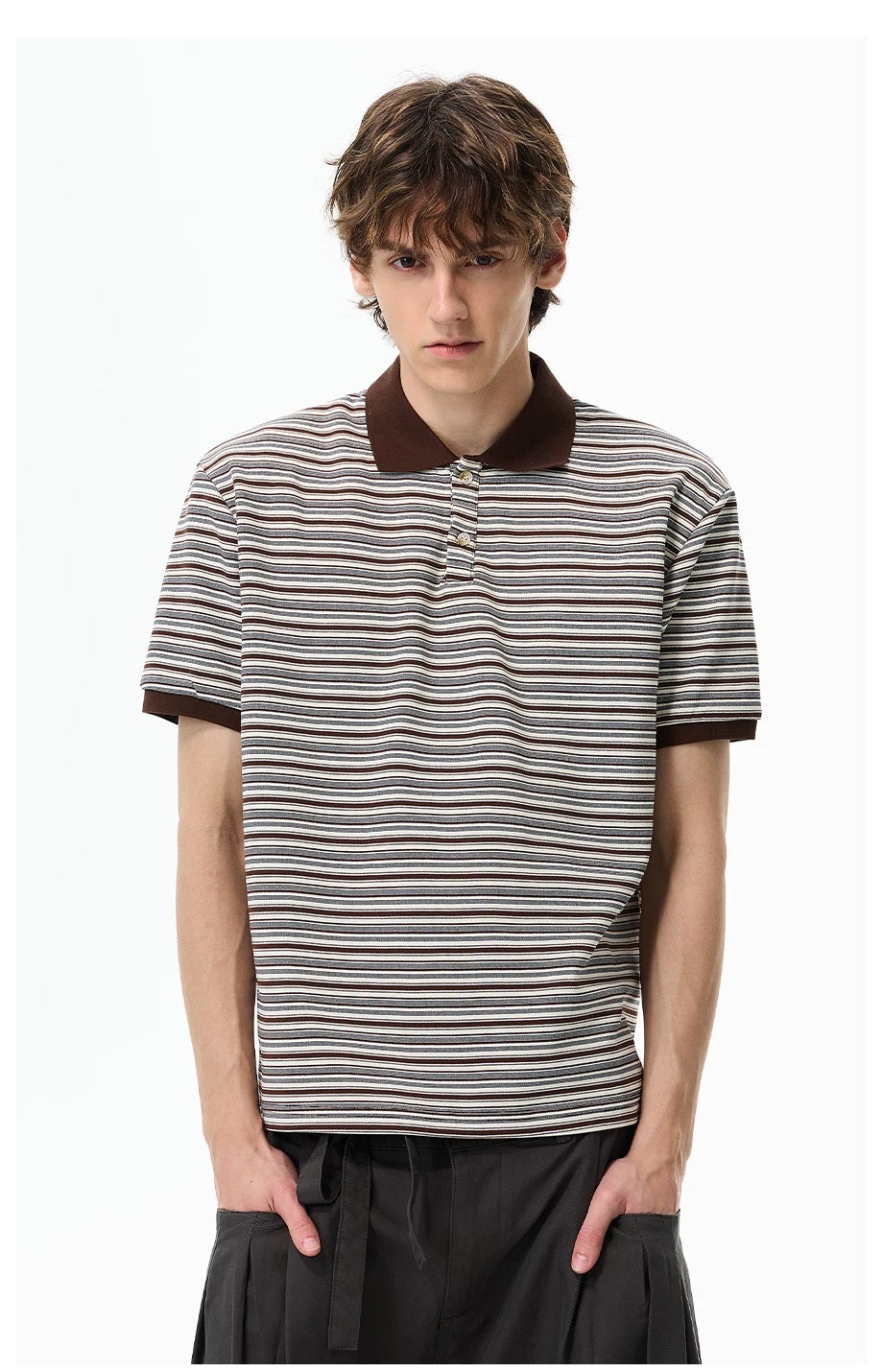 Retro Contrast-Stripe Polo T-Shirt Brown straight-on view