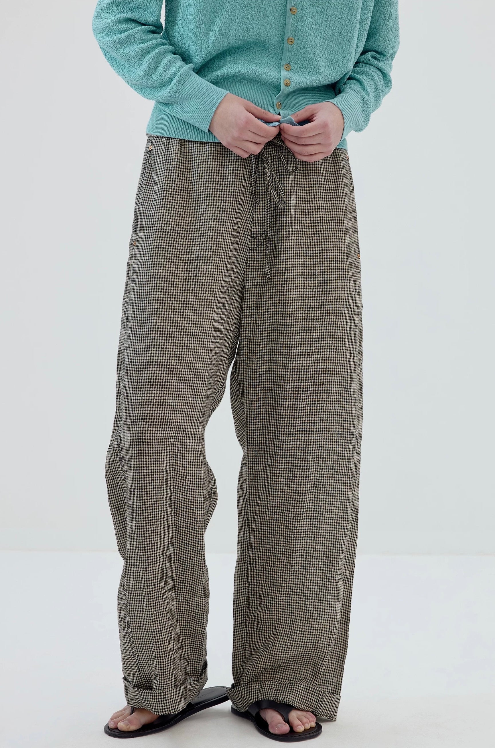 Plaid Linen Drawstring Trousers