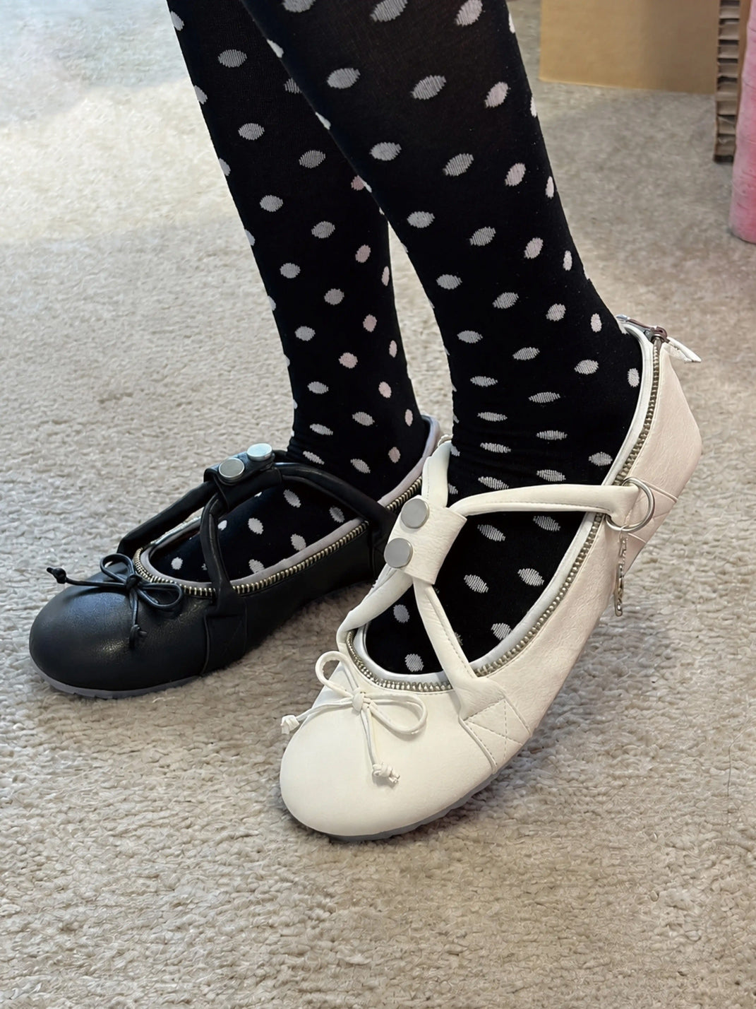 Zip-Detail Cross-Strap Bow Ballet Flats - view 8