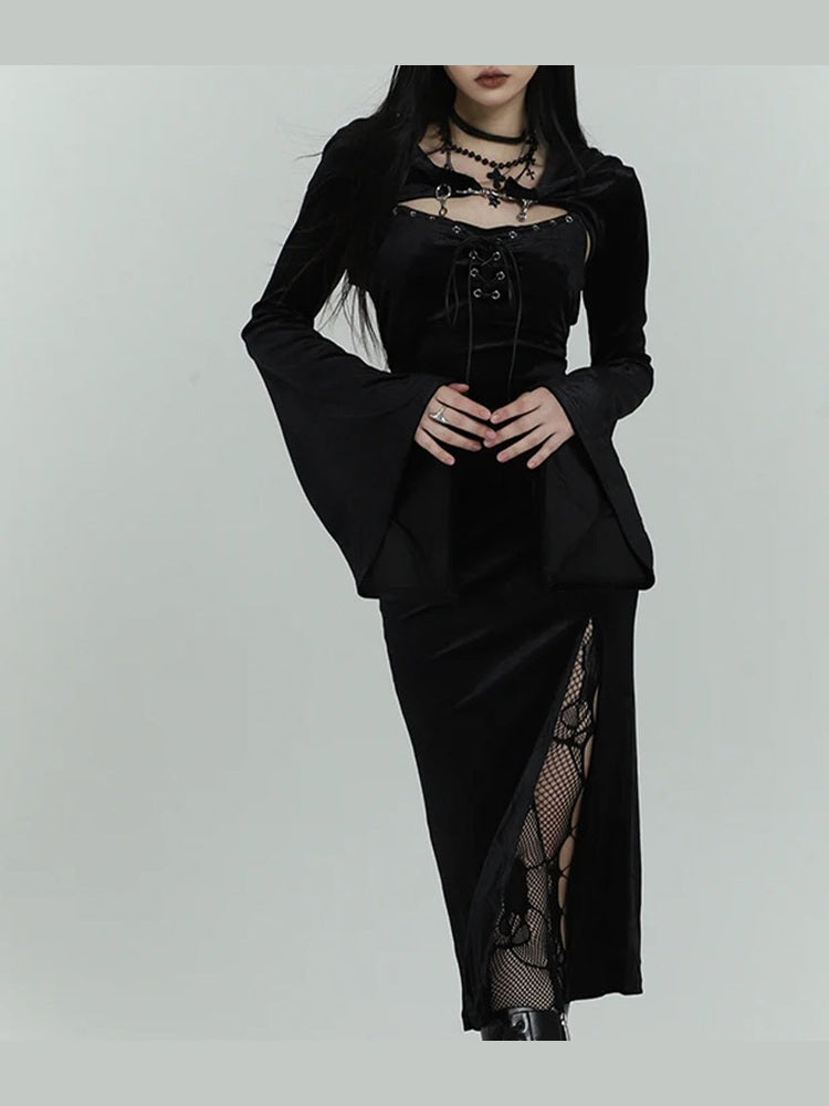 Gothic Lace Split Velvet Dress Black / L Gothic Lace Split Velvet Dress Black / L