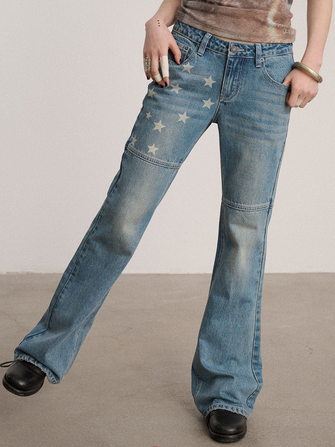 Star Panel Low-Waist Flare Jeans