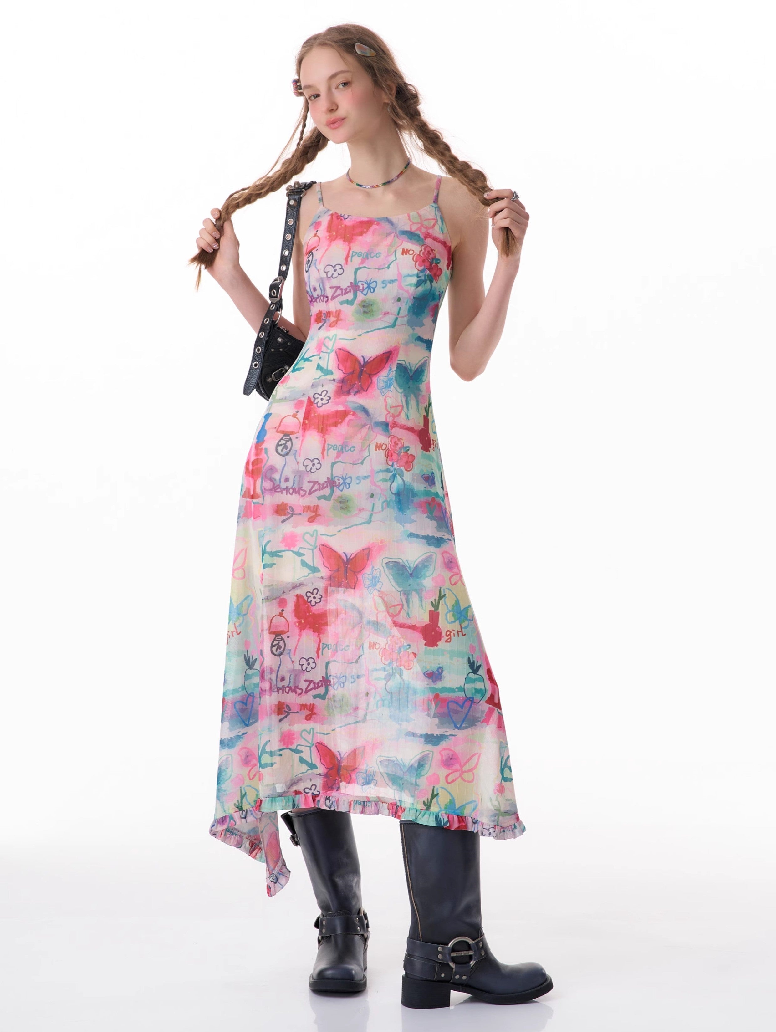 Vestido slip de midi estampado de mariposa
