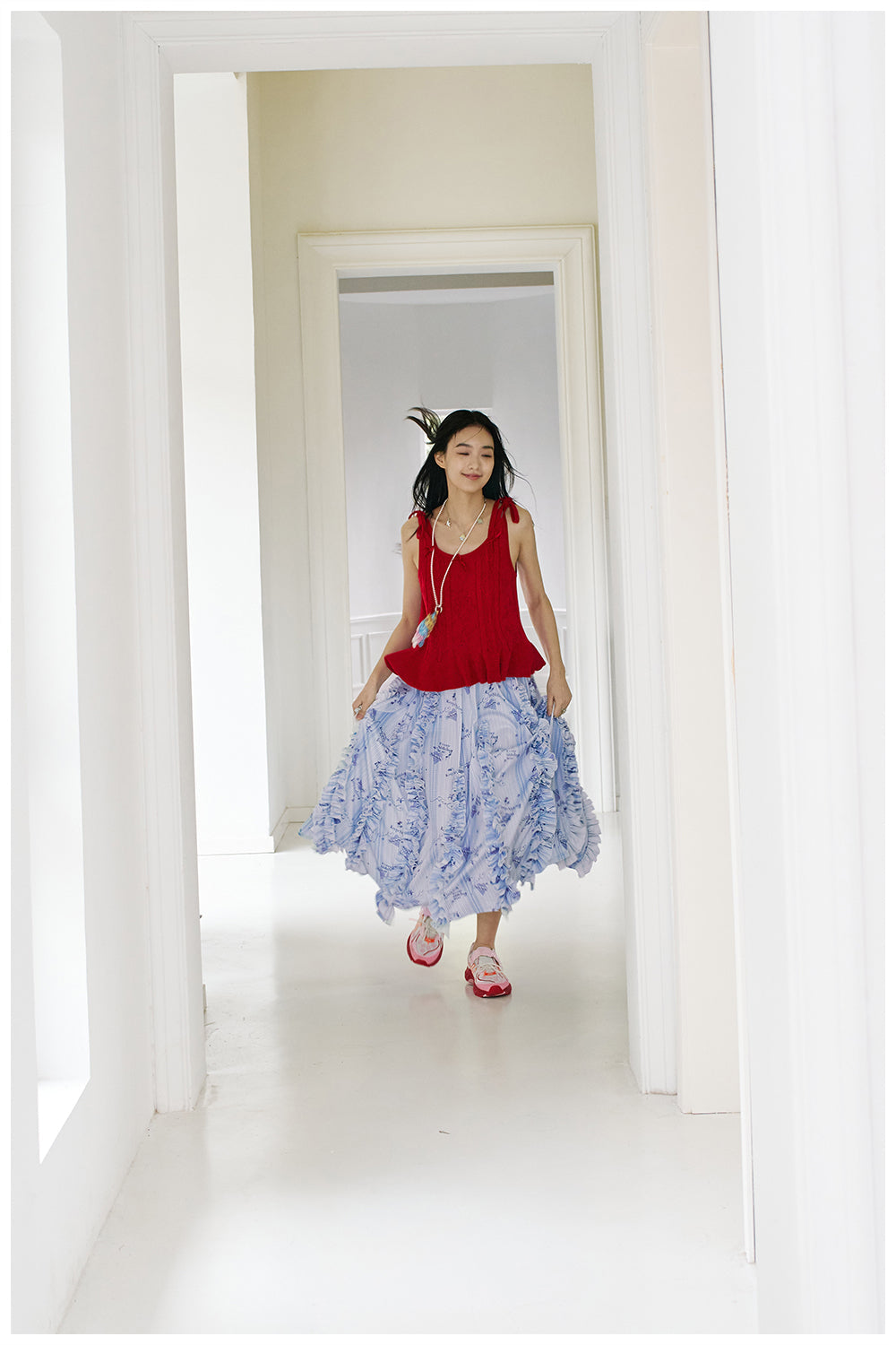Blue Pattern Ruffle Midi Skirt
