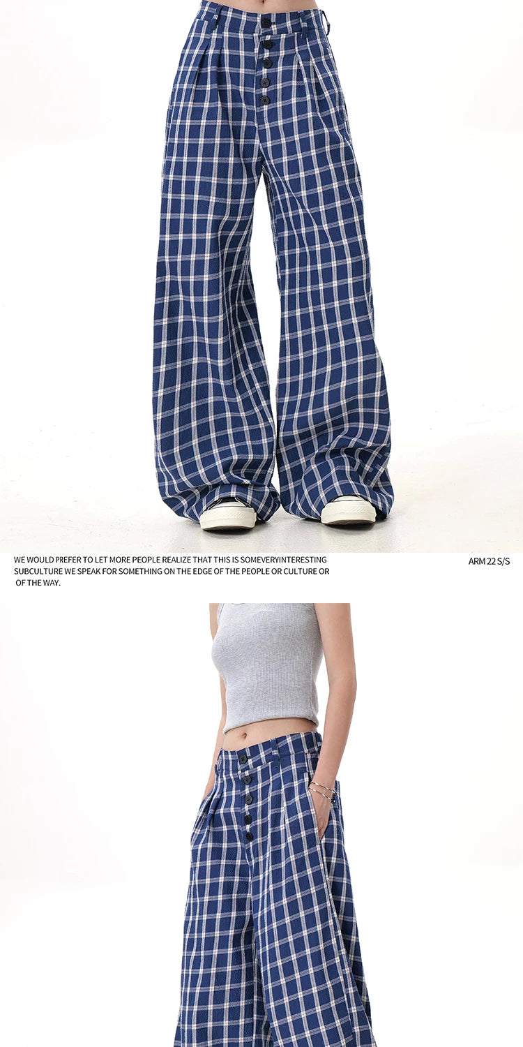 Plaid button wide-leg pants blue plaid angled detail