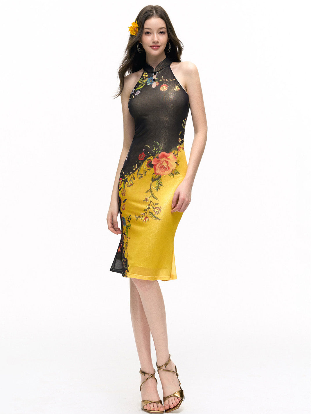 Gold Foil Halter Slim-Fit Dress