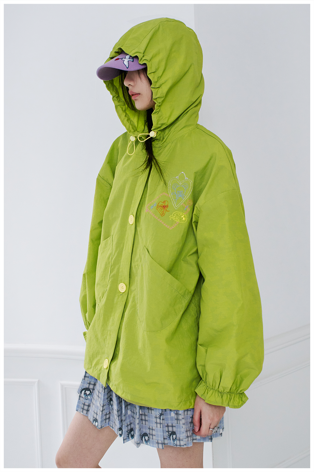 Green Hooded Button-Up Windbreaker Jacket