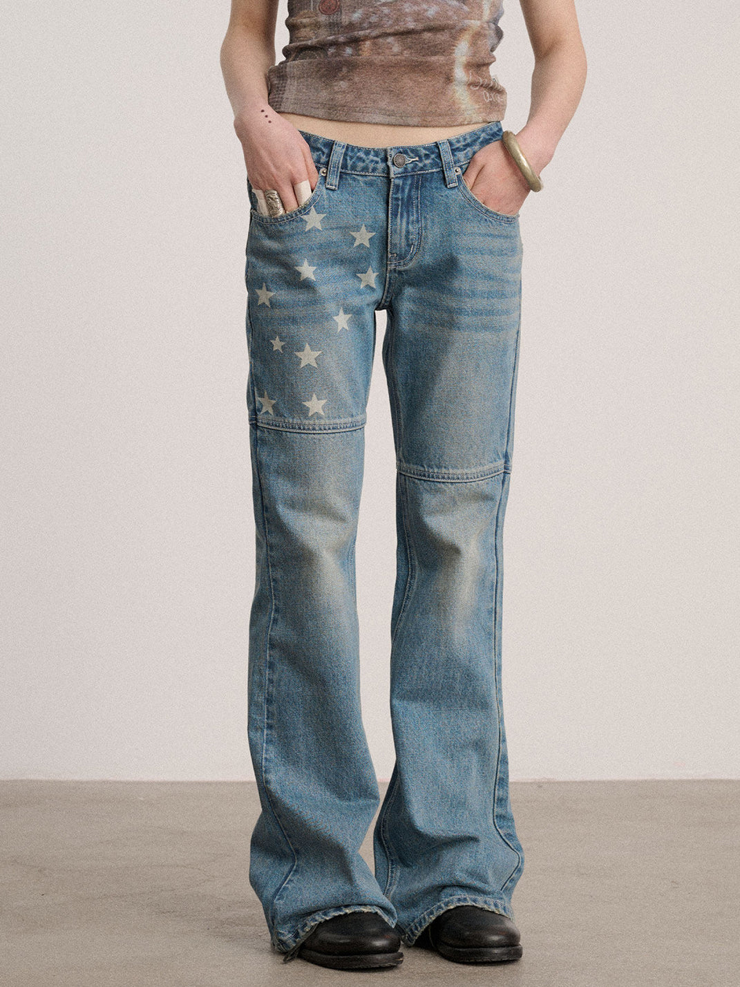 Star Panel Low-Waist Flare Jeans