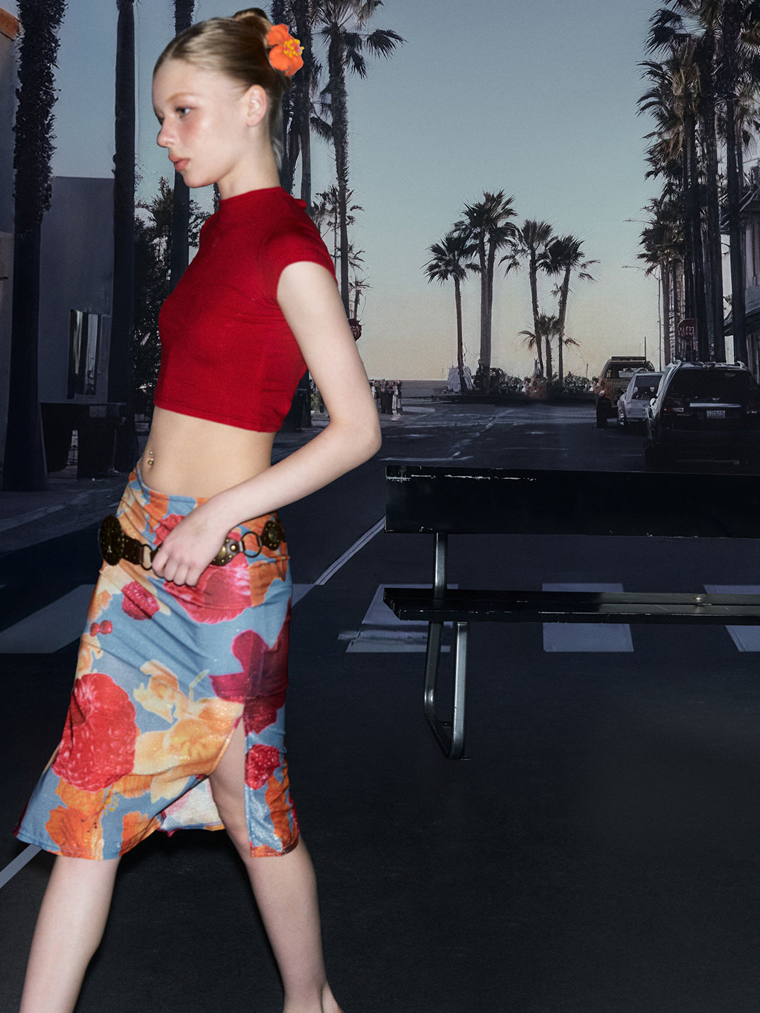 Fruit Print Side-Slit Midi Skirt