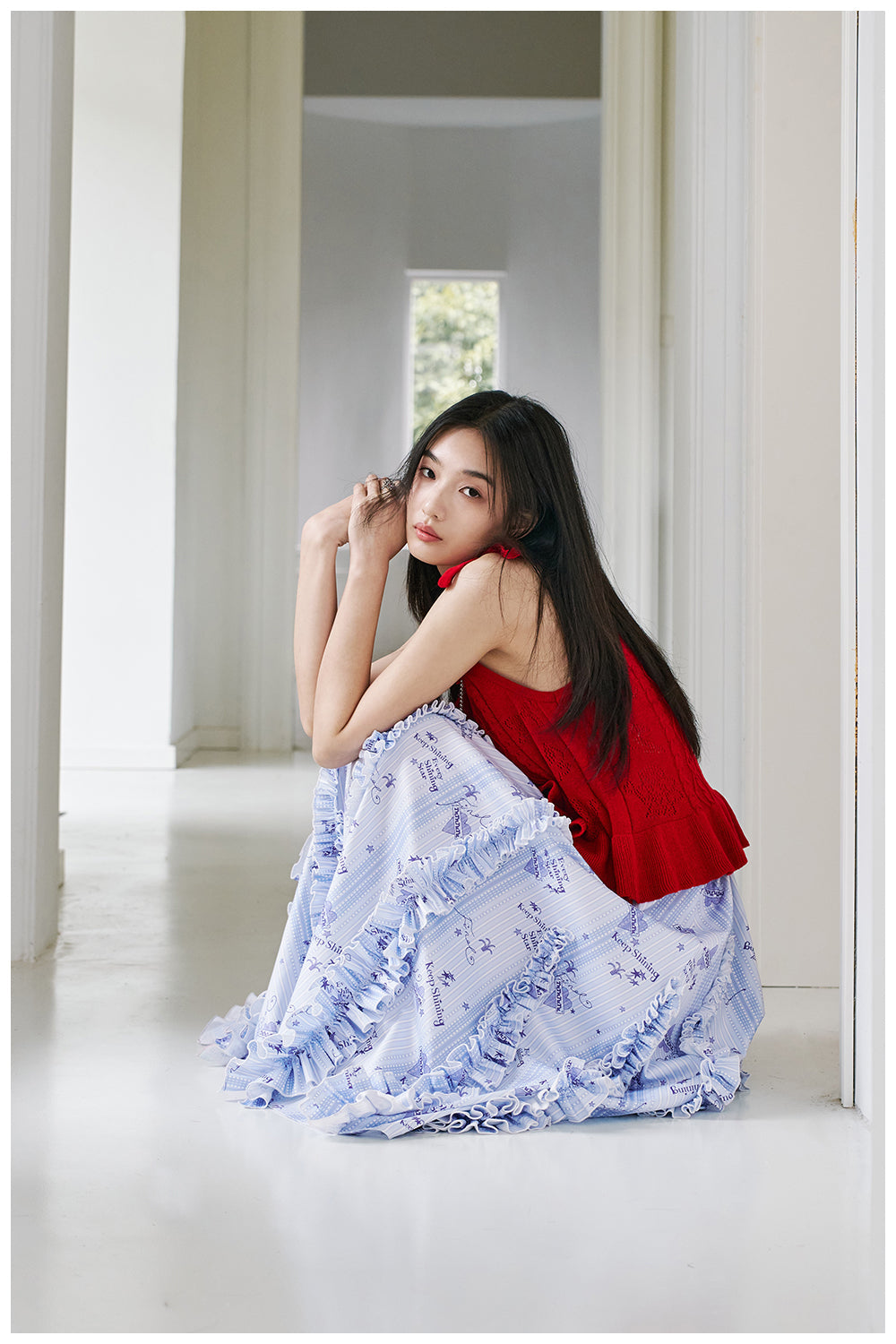 Blue Pattern Ruffle Midi Skirt