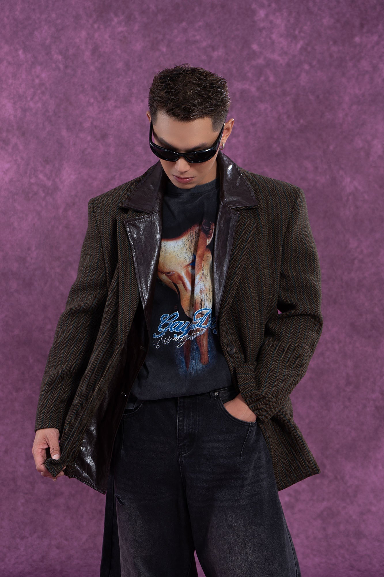 Vintage Herringbone Leather Collar Blazer