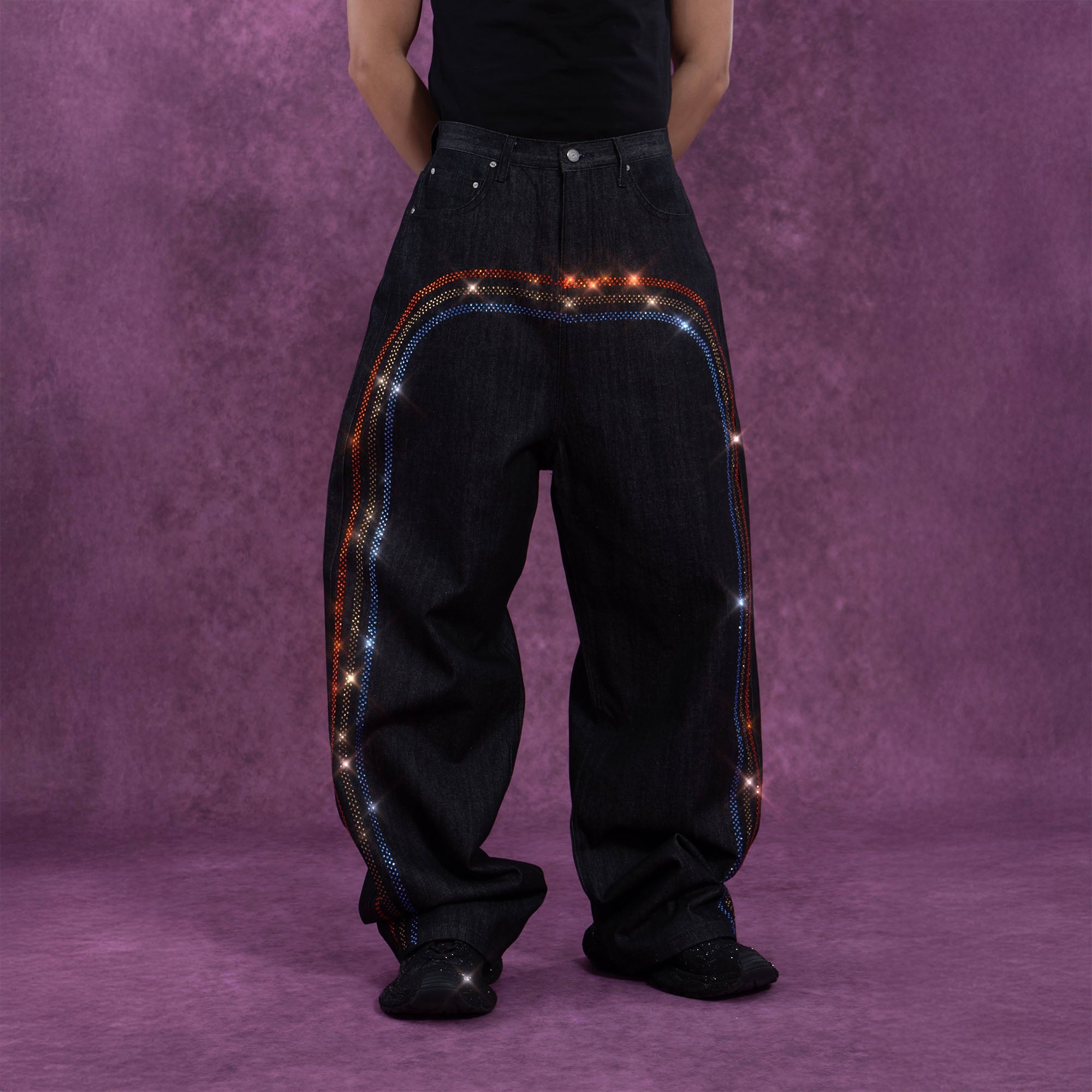 Black Rhinestone Embellished Wide-Leg Jeans