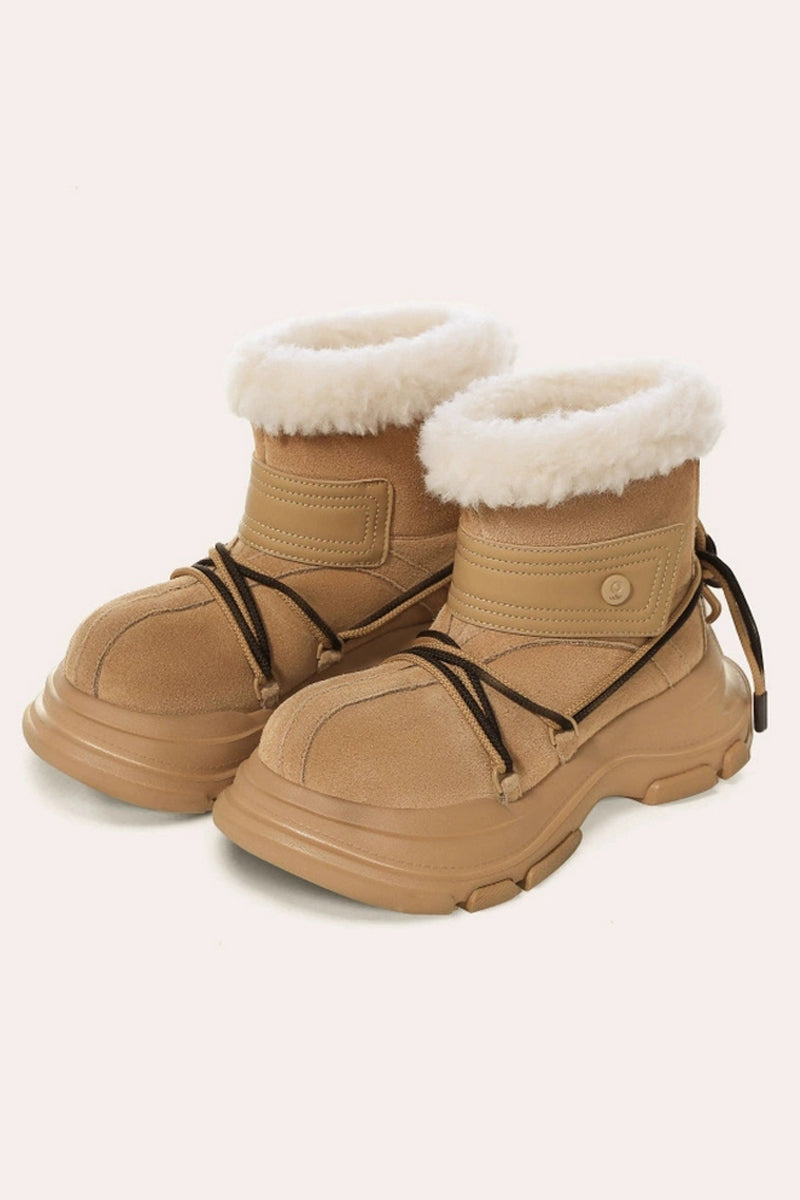Tan Suede Winter Boot with White Faux Fur Trim