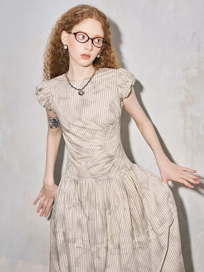 Round Neck Puff Sleeve Long Gather One-Piece - chiclara