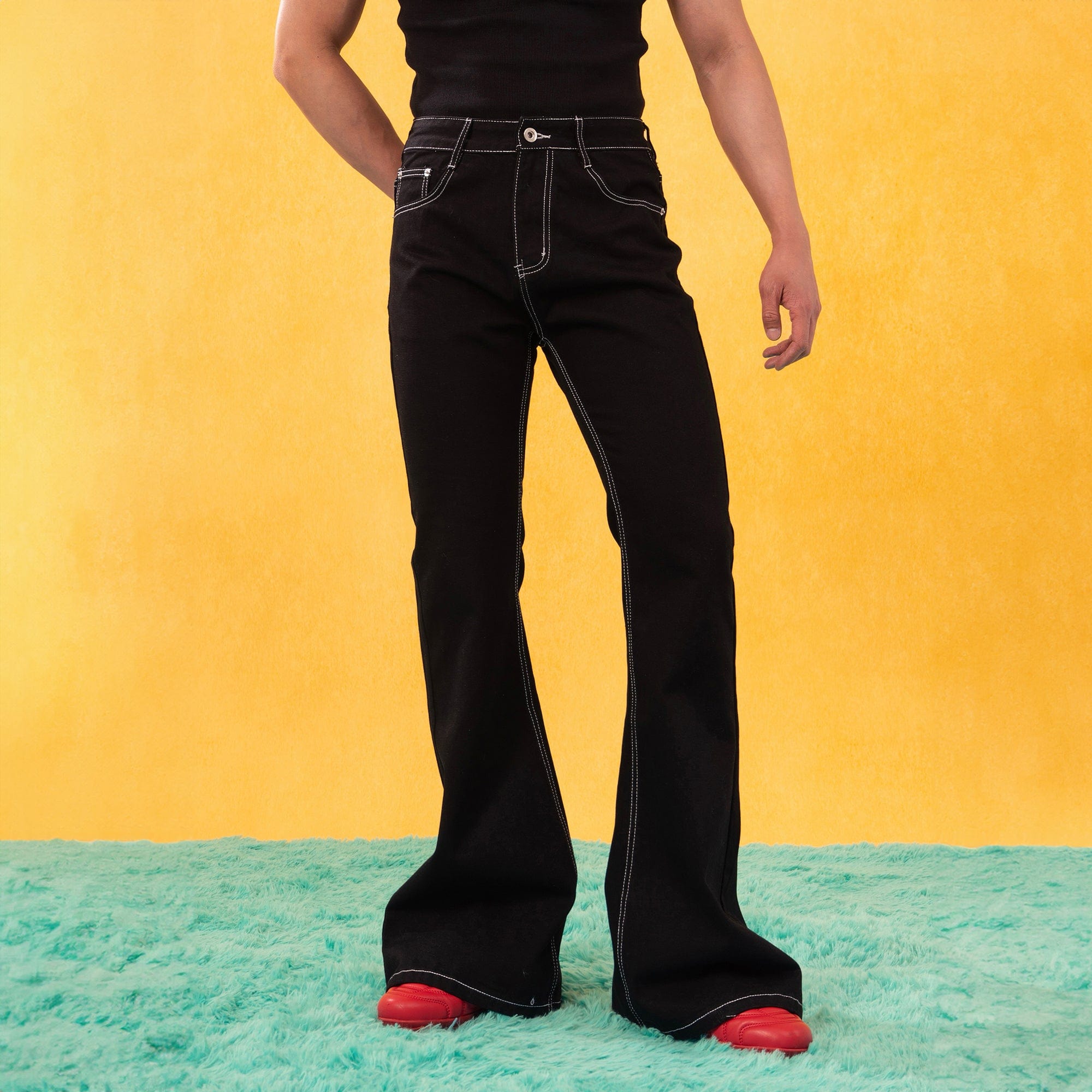 Black Flared Jeans with Contrast White Stitching