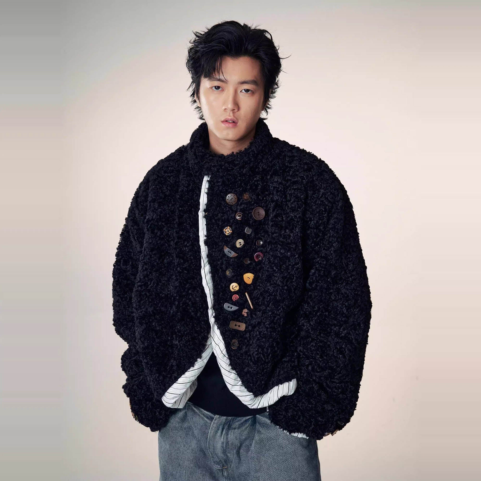 Button Embellished Curly Fleece Jacket