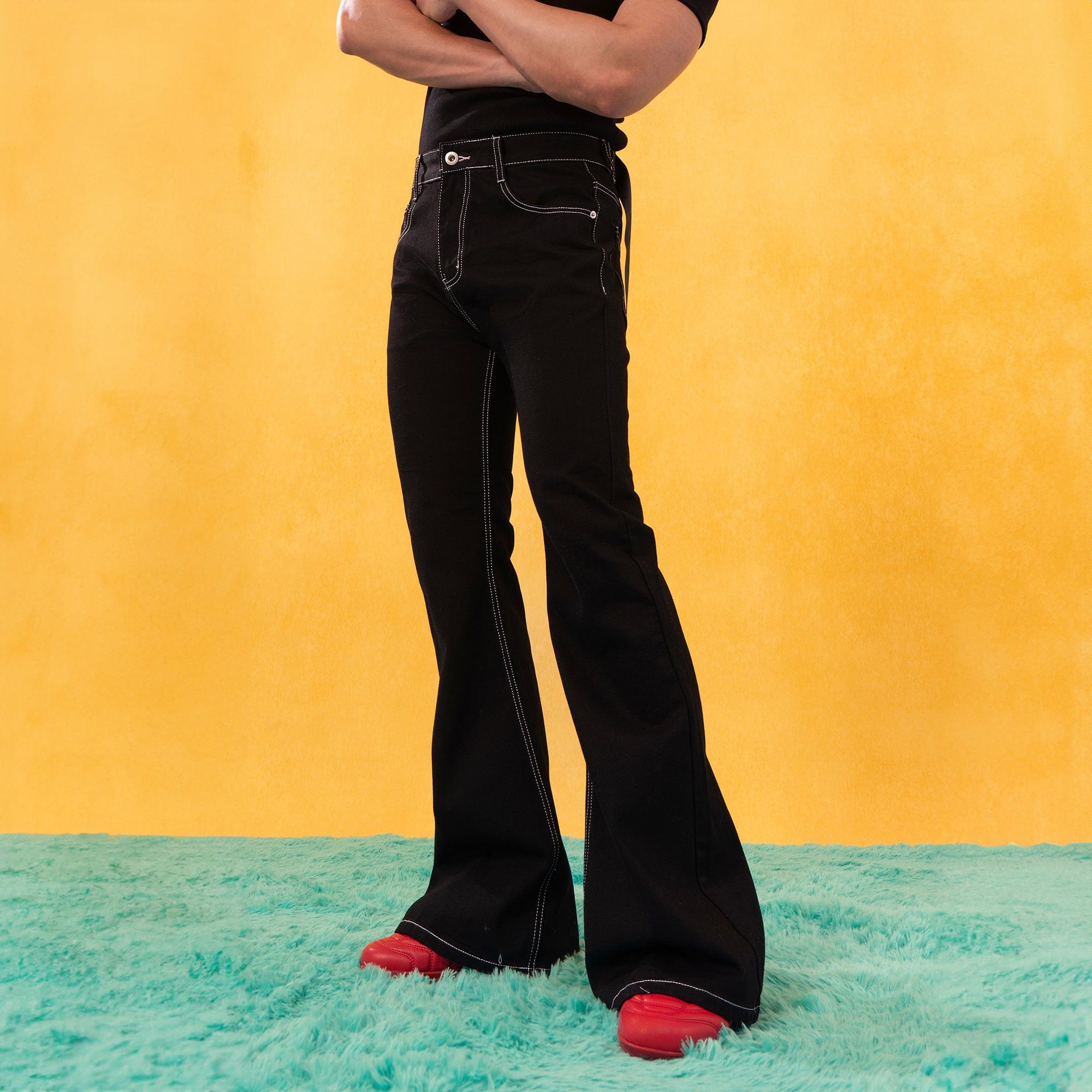 Black Flared Jeans with Contrast White Stitching