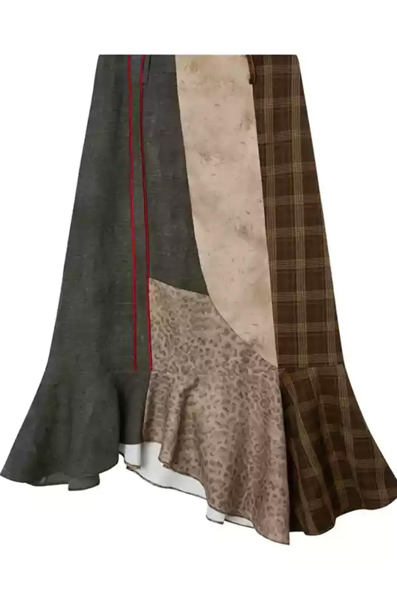 패치워크 데님 레오파드 미디 스커트