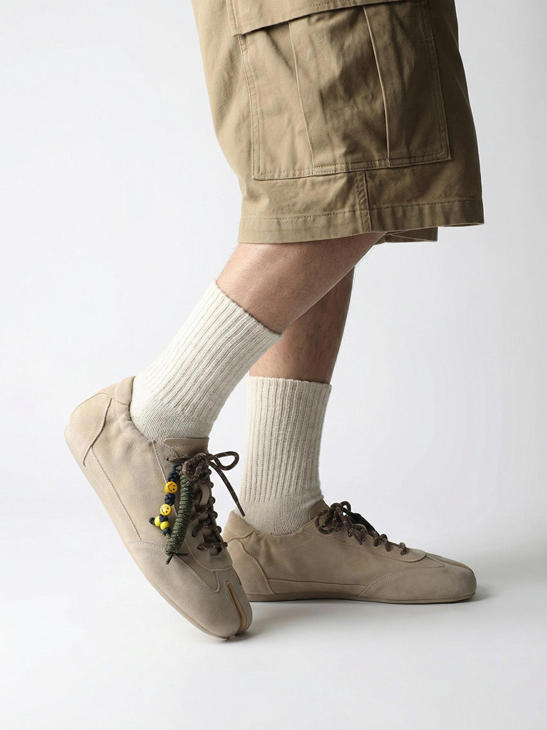Khaki Suede Cowhide Thin-Sole Tabi Sneakers