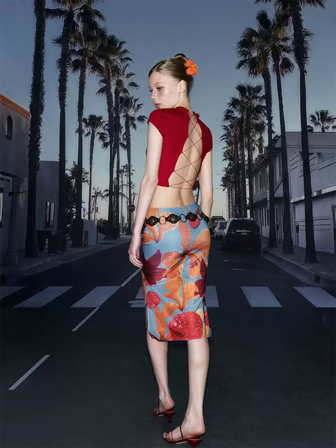 Fruit Print Side-Slit Midi Skirt