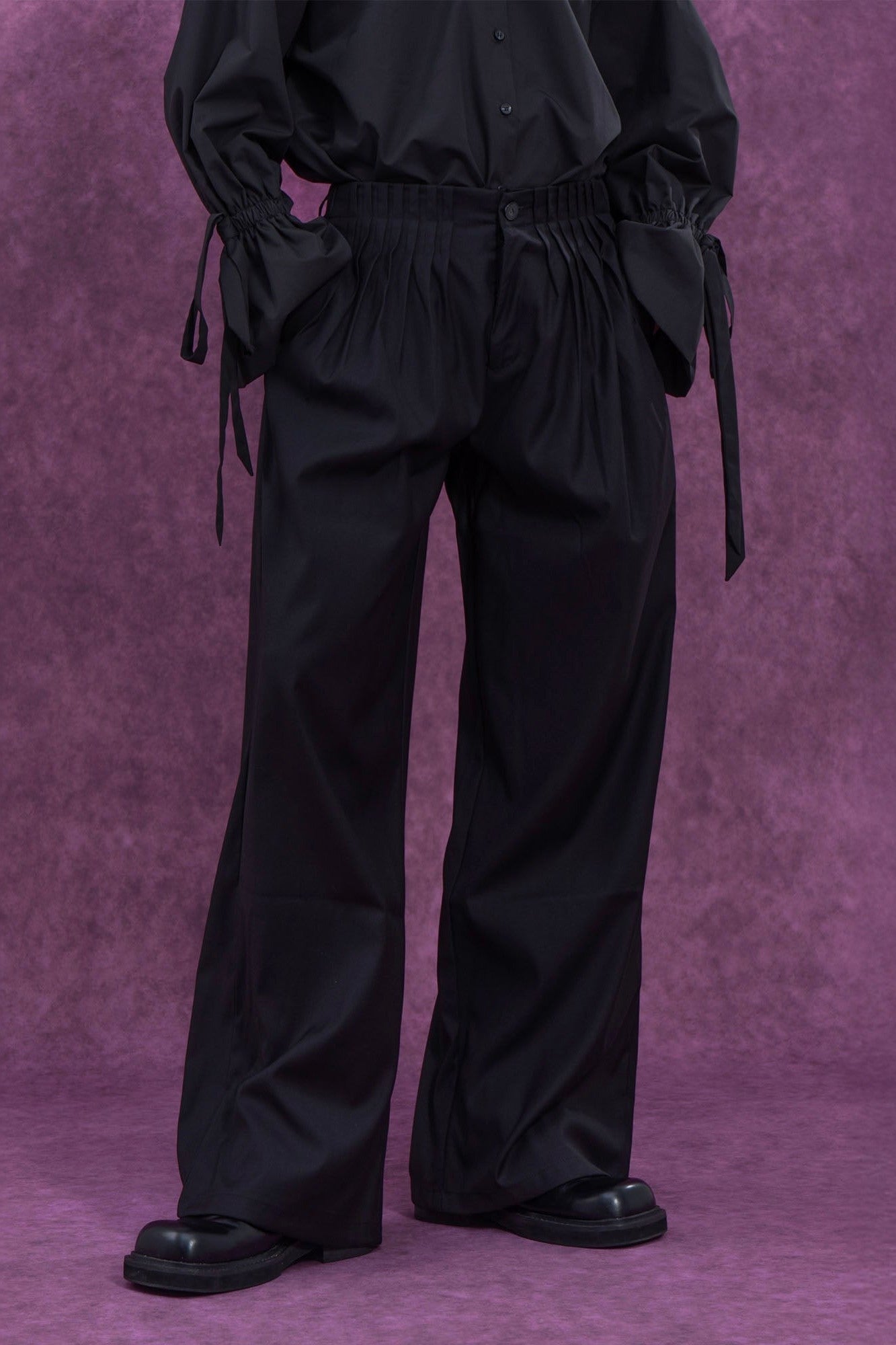 Pleated Waist Black Wide-Leg Trousers