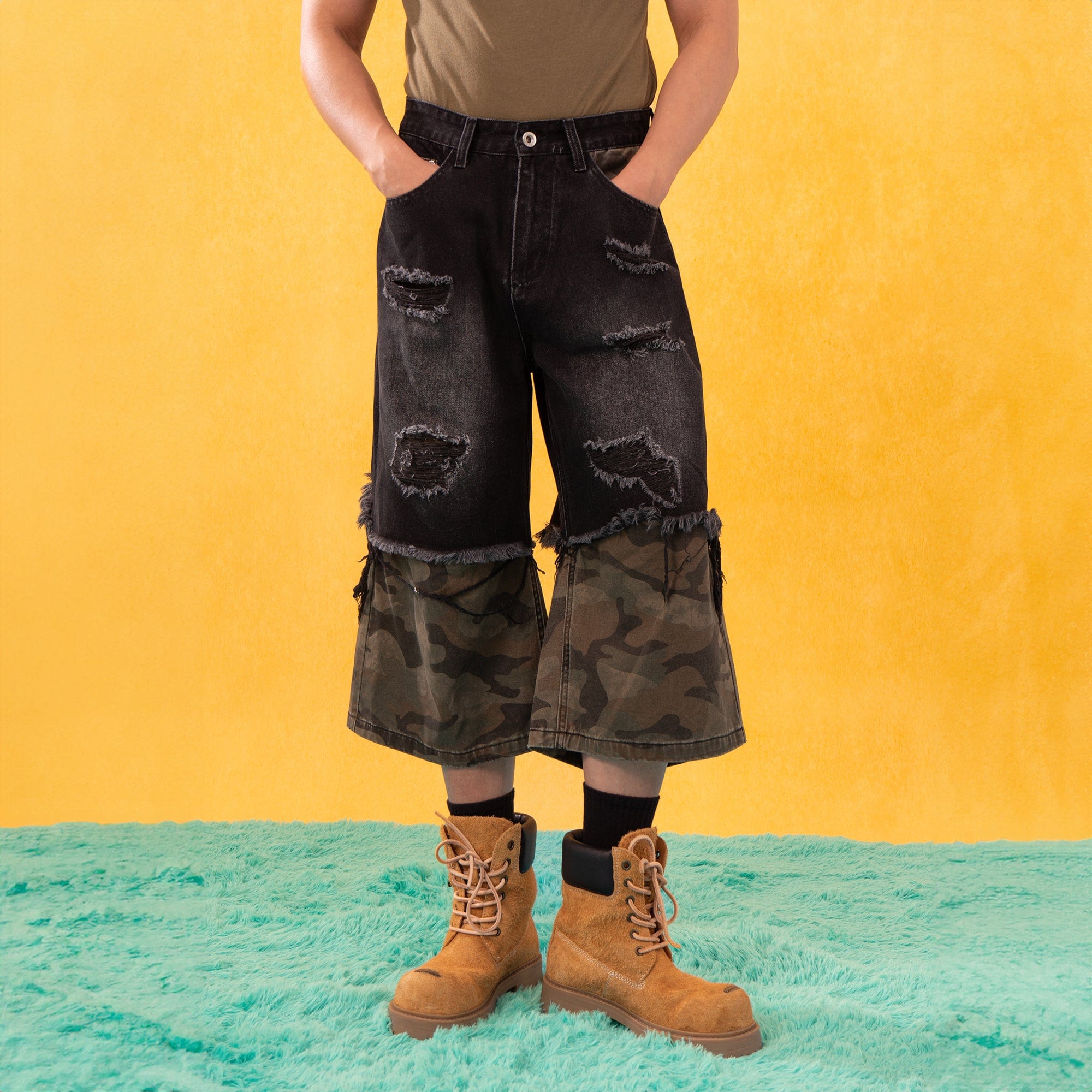 Camo Patchwork Distressed Denim Shorts