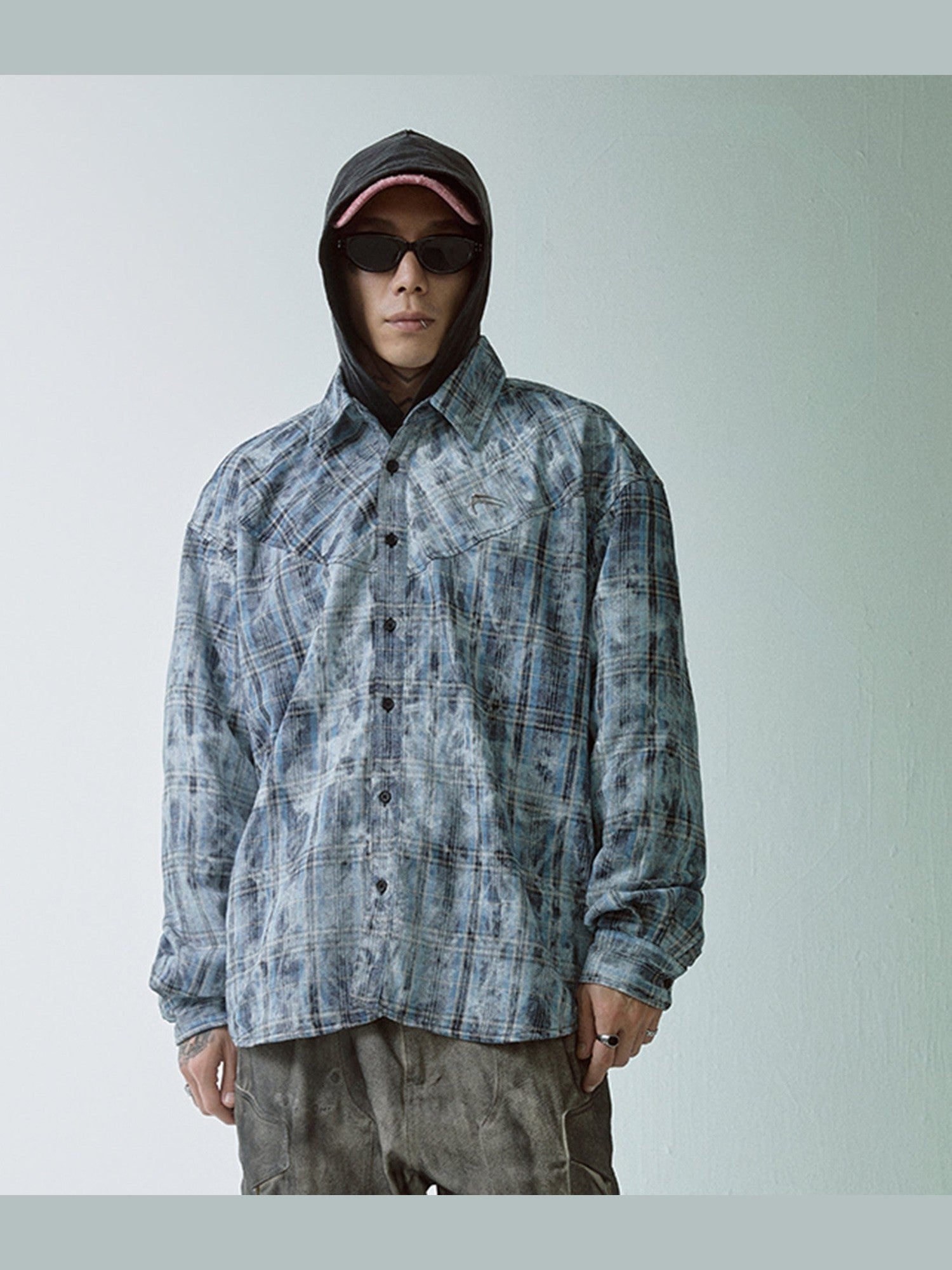 Chemise à manches longues à la flanelle à plaid à lavage acide