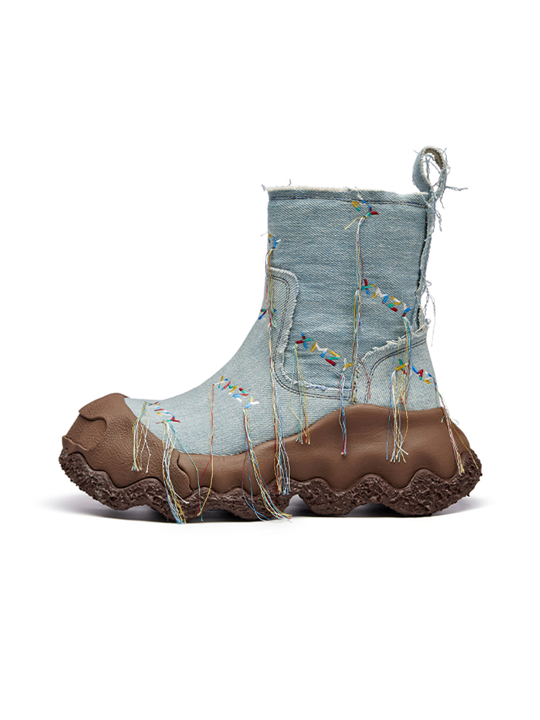 "geometric Planet" Western Fringed Ankle Boots Denim Blue