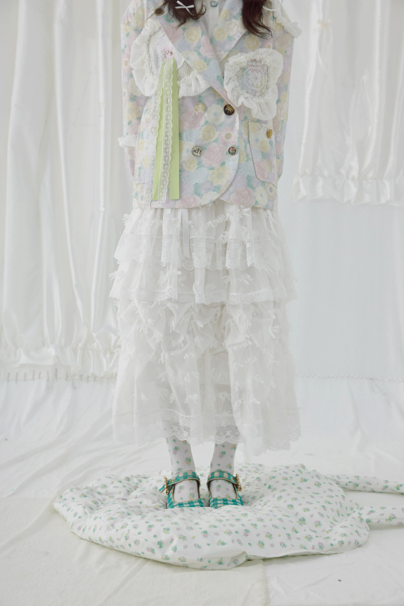Layered Tulle Lace Maxi Skirt White