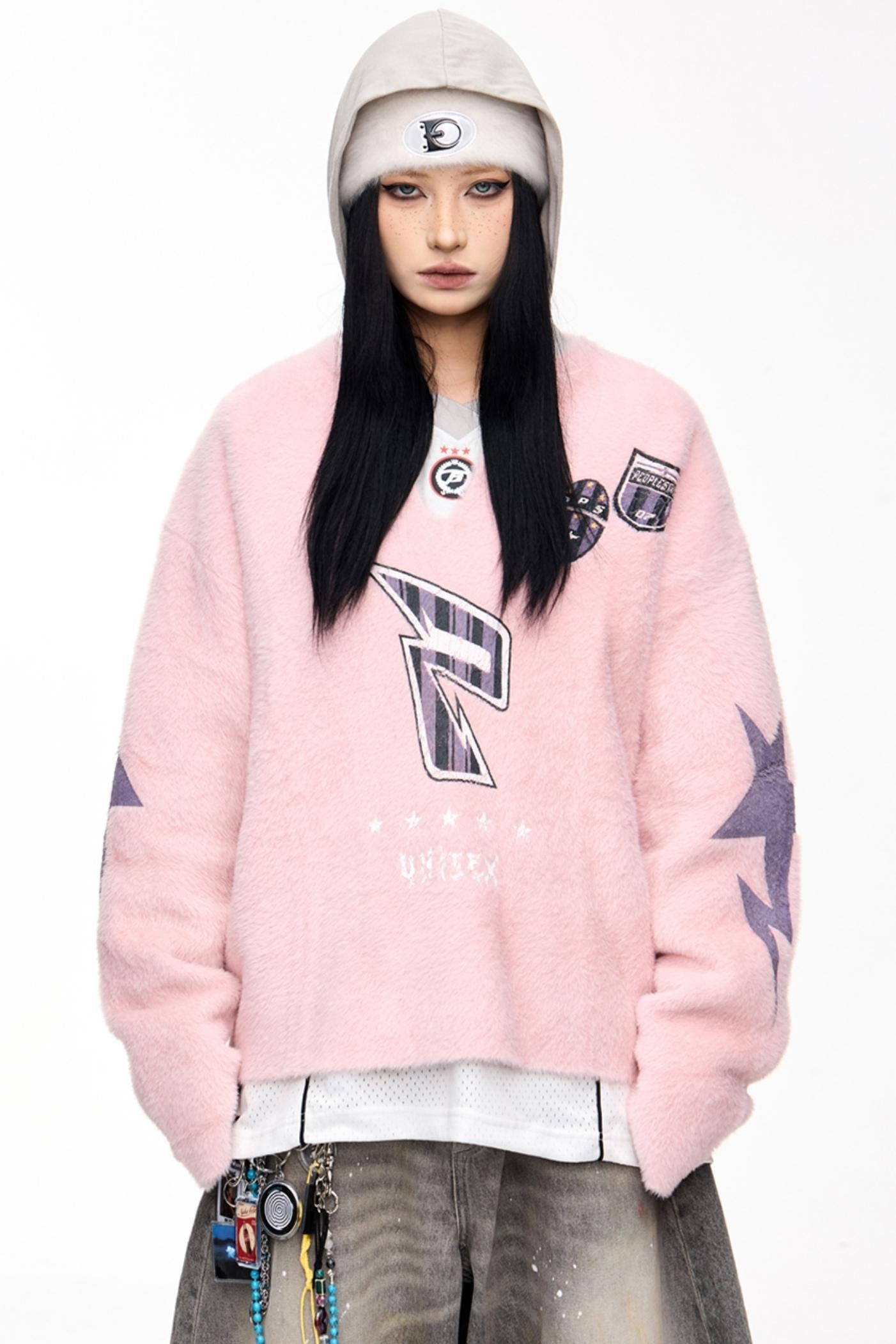 Men's Badge Print Faux Mink Sweater