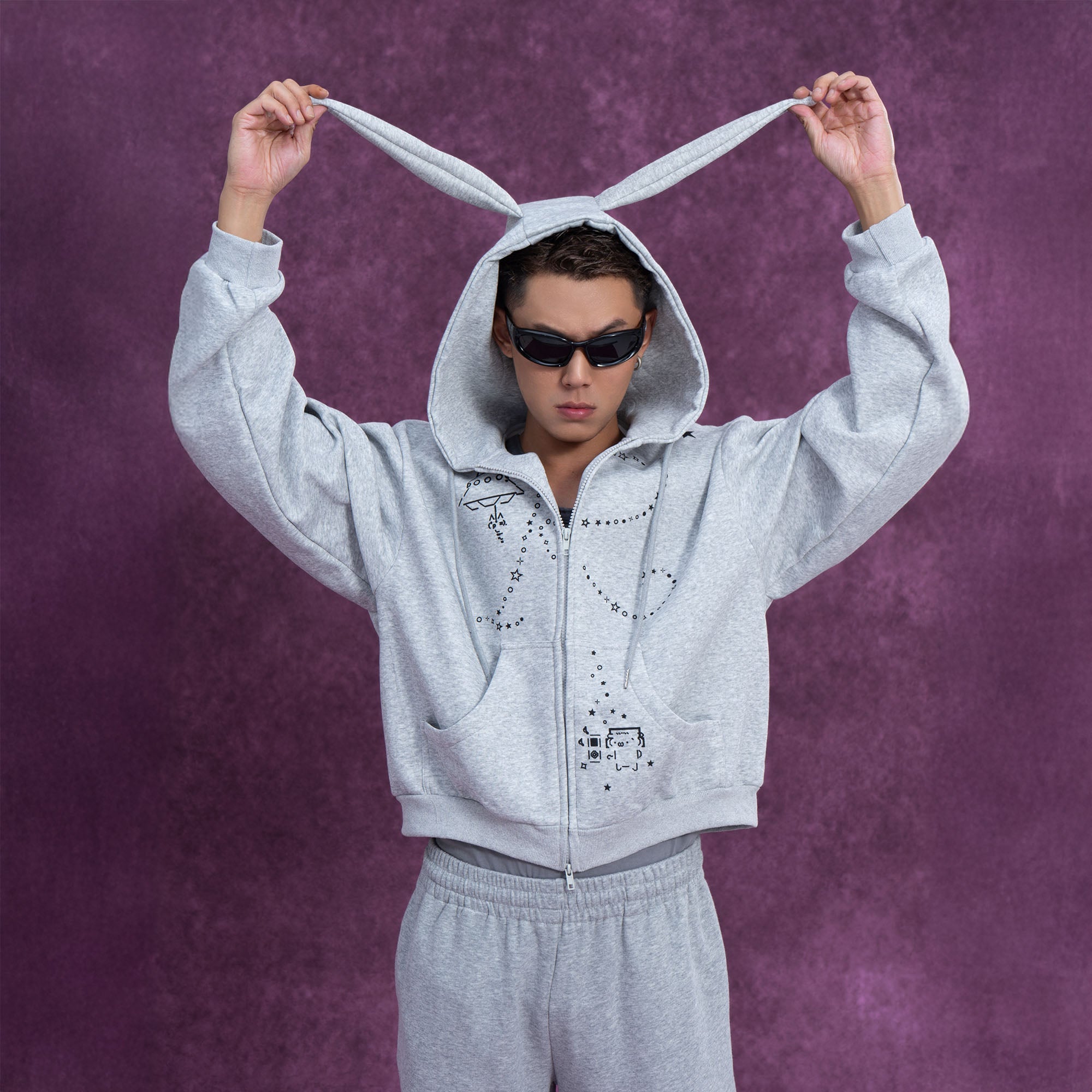 Gray Bunny Ear Zip Hoodie