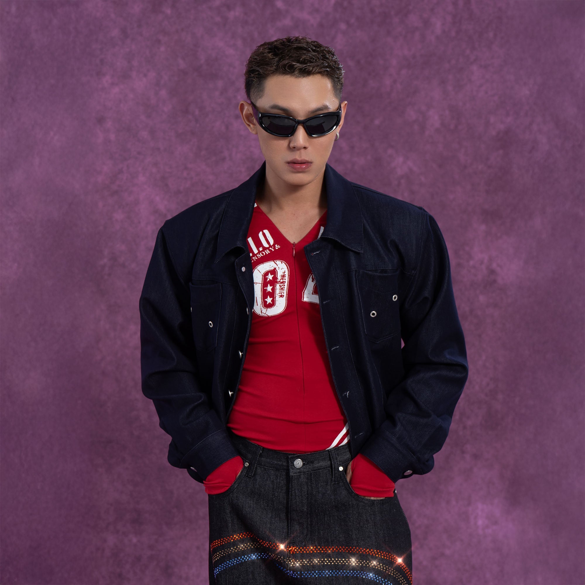 Classic Cropped Shoulder Padding  Dark Denim Jacket