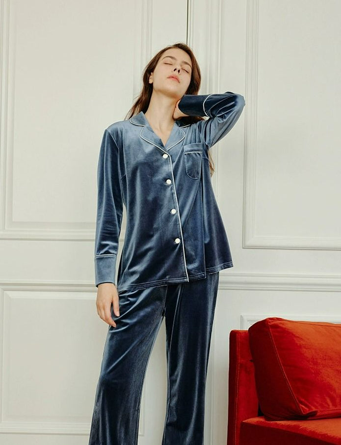 Long-Sleeve Velvet Loungewear Pajama Set - chiclara