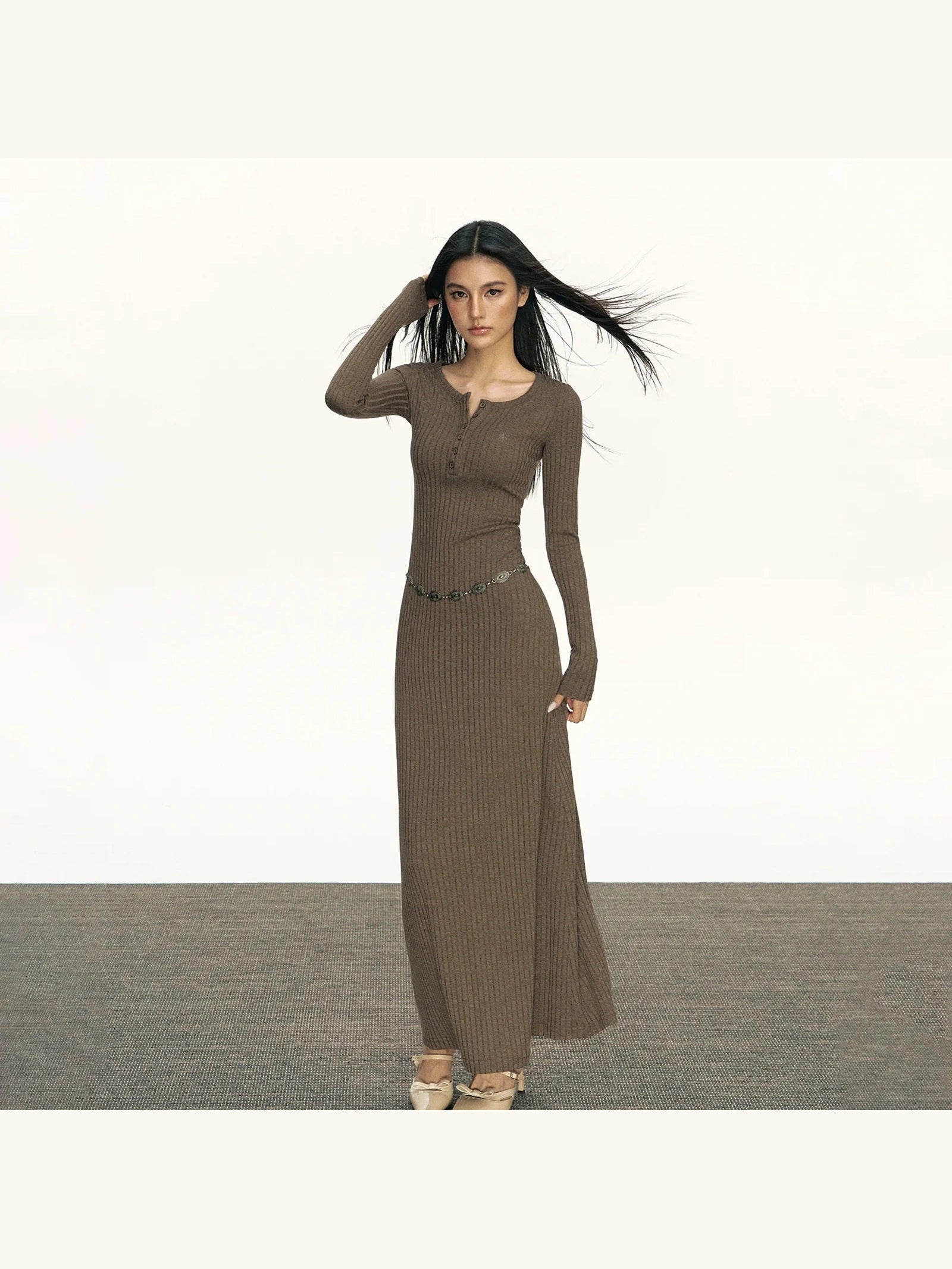 Brown Ribbed Henley Maxi Dres