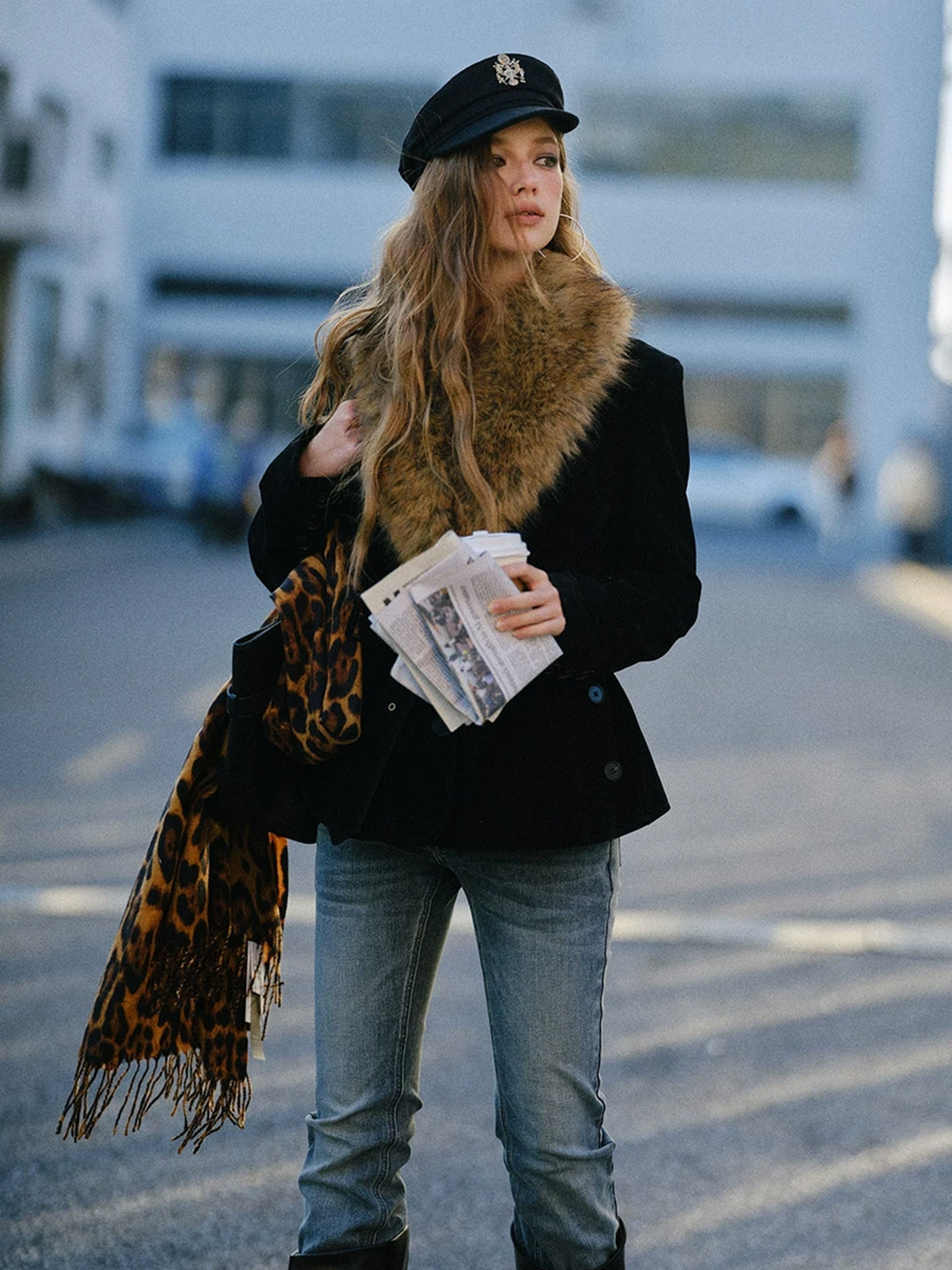 Black Cinched Jacket with Statement Faux-Fur Collar - view 8