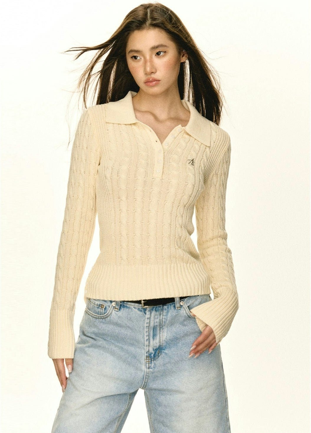 Half-Button Cable Knit Polo Sweater